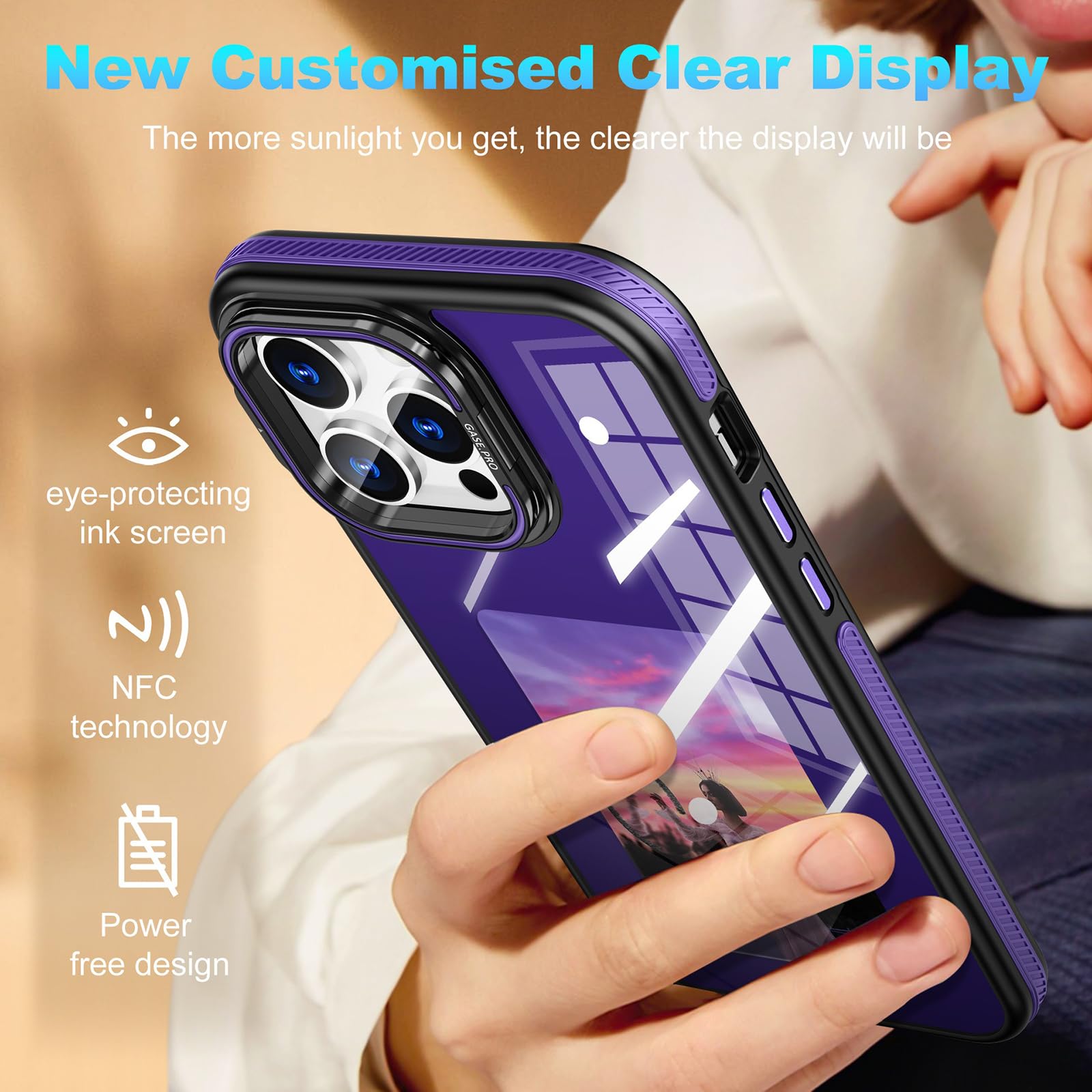 Custodia Per IPhone Con Schermo Di Proiezione NFC E Supporto | Design Geometrico Nero | Compatibile Con IPhone 15/14/13/12/11