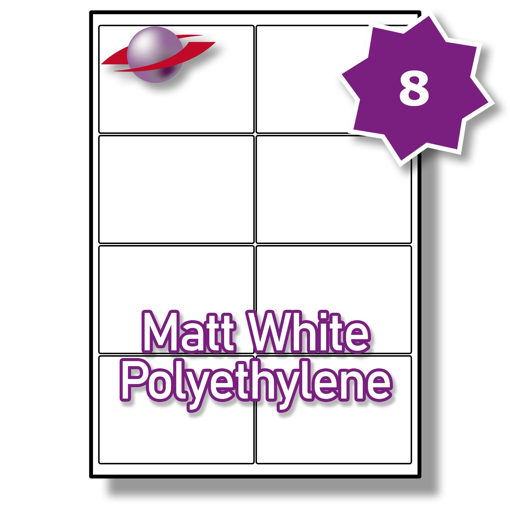 Label Planet® 8 Per Page/Sheet 10 Sheets (80 MATT White POLYETHYLENE Sticky Labels) A4 Waterproof Permanent Pliable Matte Plastic Printable Stickers, 99.1x67.7mm LP8/99 MWPE, Outdoor/Marine Durable