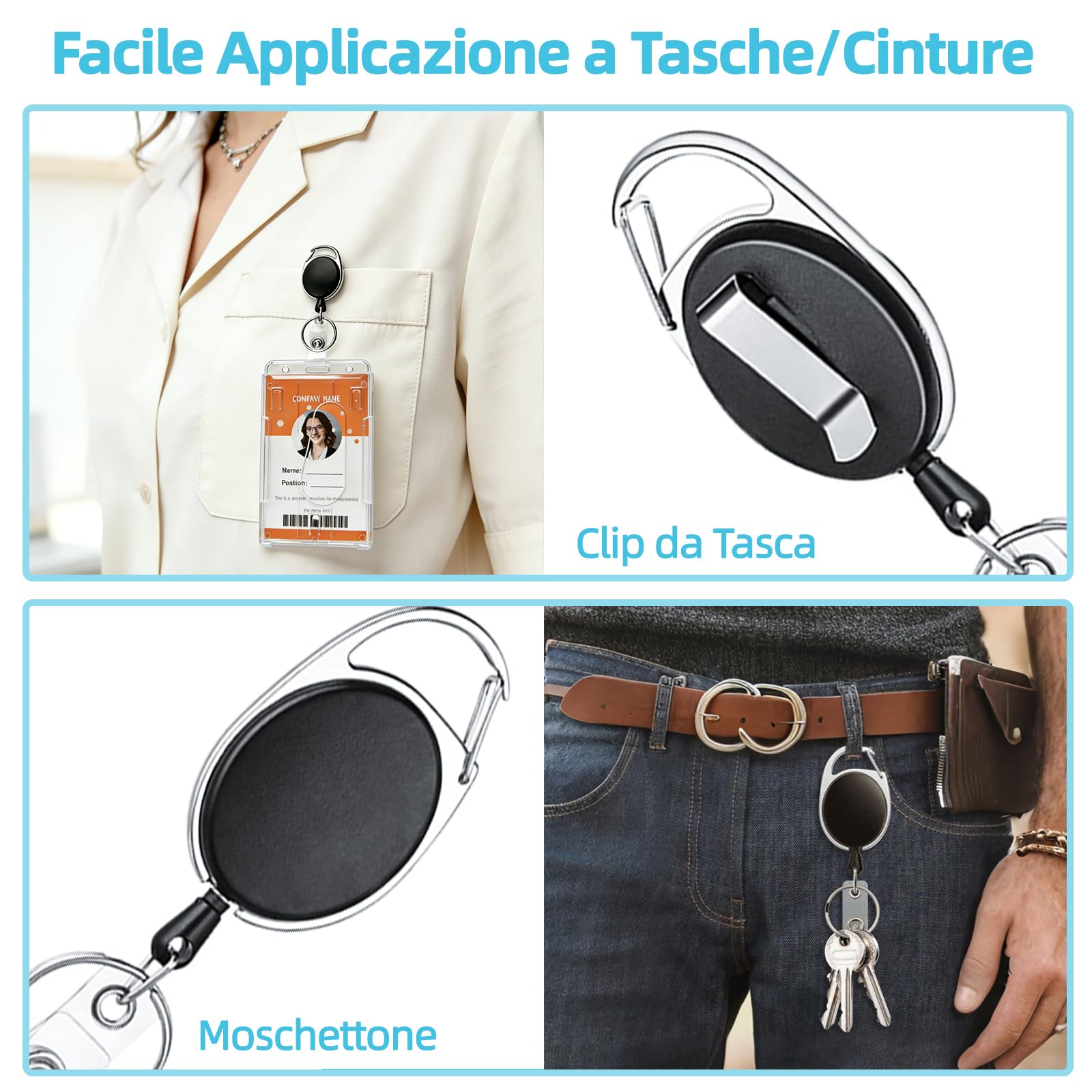 Porta Badge con Portachiavi Retrattile 3 Pezzi, Plastica PC Extra Spesso Trasparente
