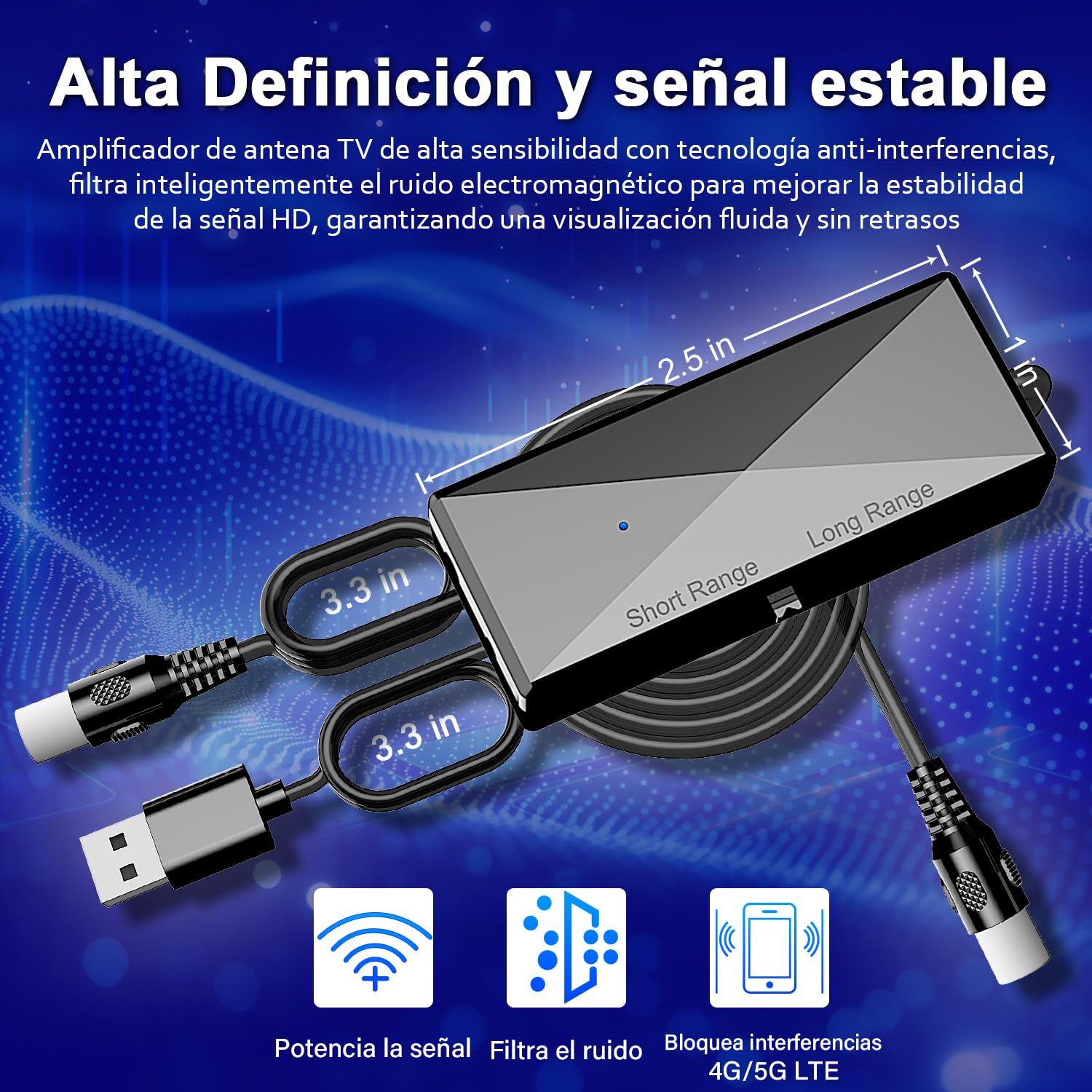 Amplificador de Señal Antena TV Interior 2026, Alta Ganancia Bajo Ruido, Mejora Recepción Digital HD 4K, Elimina Pixelado, Alimentación USB, Compatible con Smart TV y Todas Las Antenas Digitales