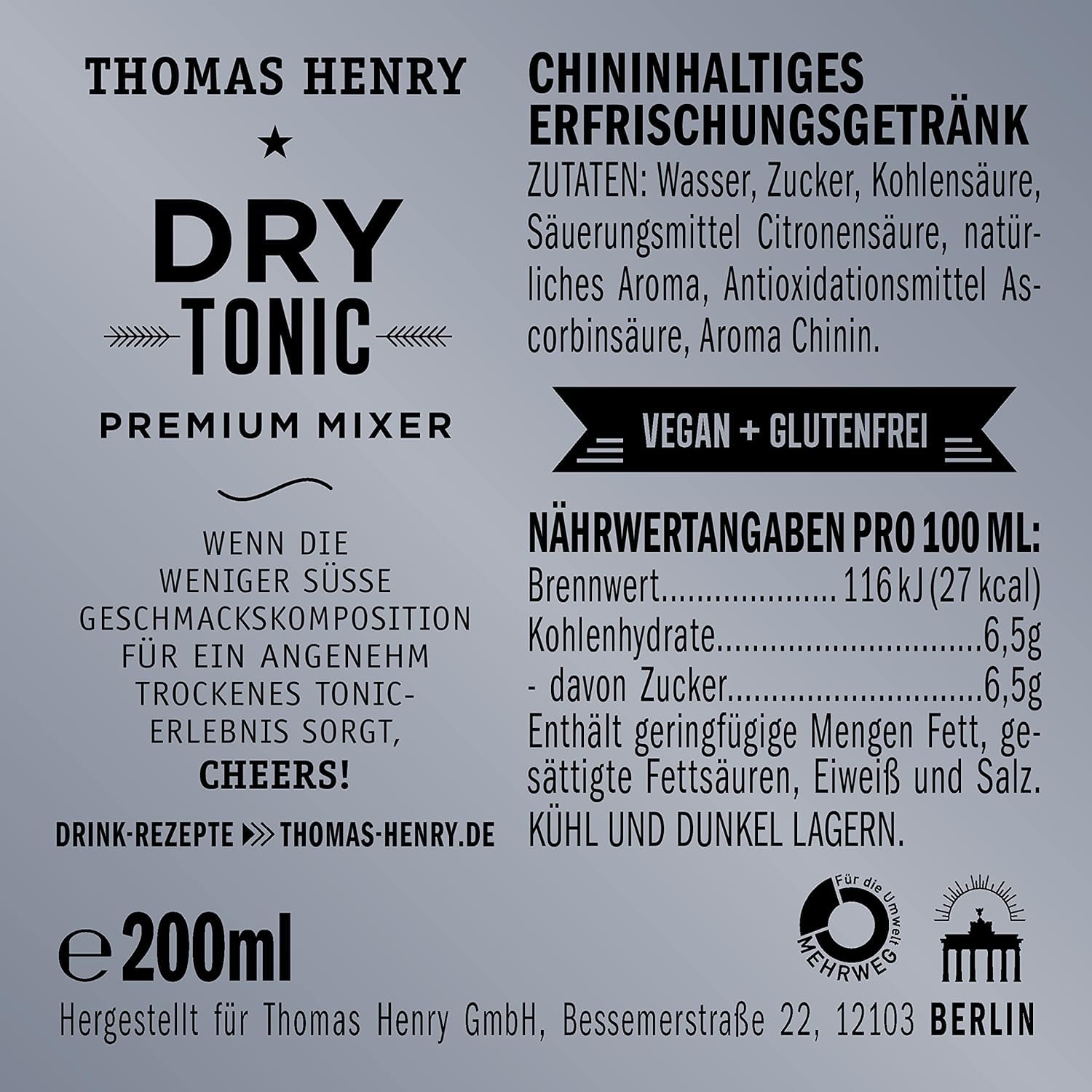 Thomas Henry Dry Tonic Water – Refrescante seco – (6 x 4 x 0,2 l vidrio MW) – Juego de 6 unidades de limonada amarga para mezclar tus bebidas y cócteles con gin& Co.