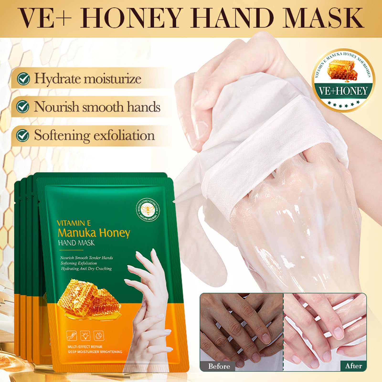 6 works Hand Mask Gloves, Honey Hand Moisturiser Gloves, hand Masks for Dry Hands Repair - Image 2