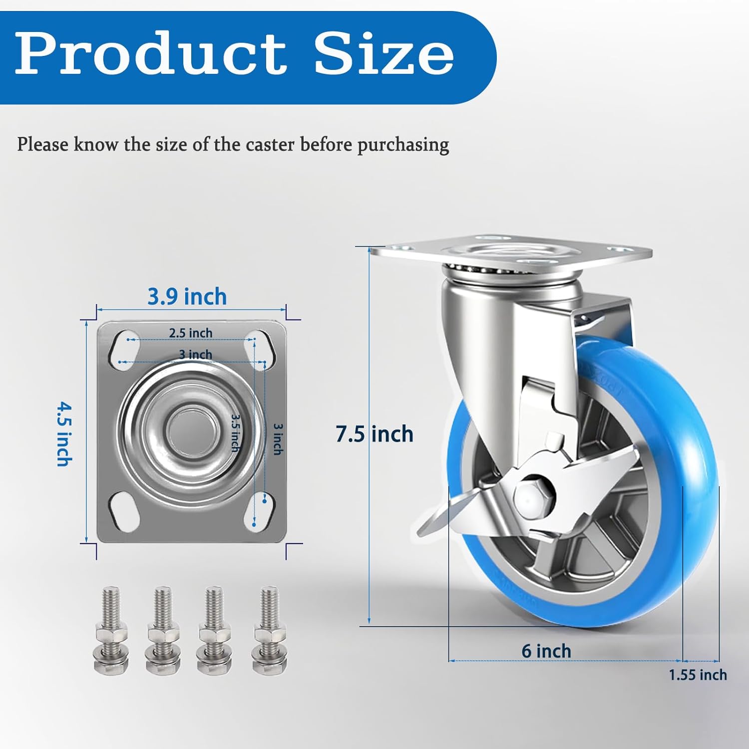 6 inch Caster Wheels Heavy Duty, Swivel & Locking Casters Set of 4, Non-Marking &Non-Noise Castor Wheels for Carts, Furniture and Workbenches (Blue, 6 inch Heavy Duty)