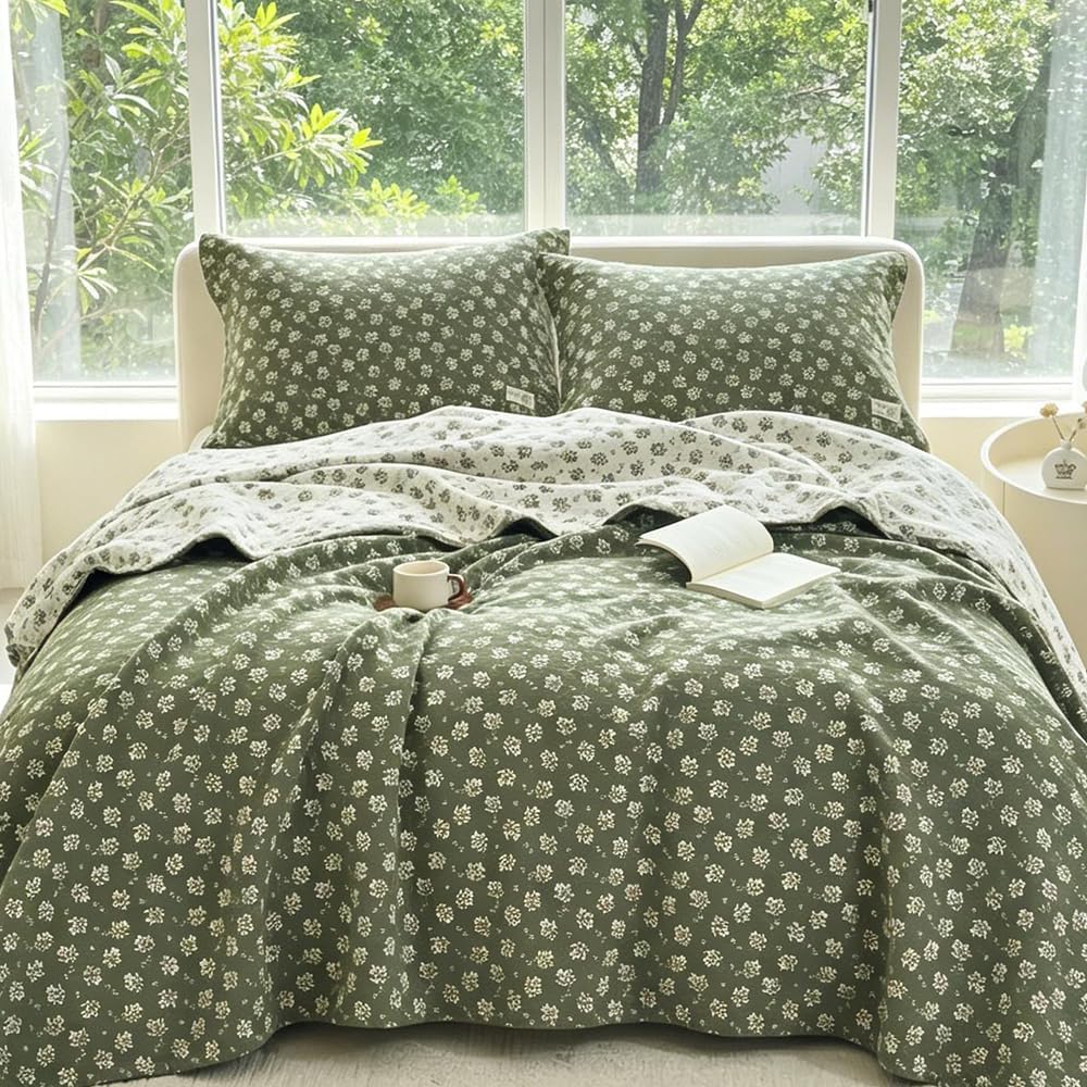 Cotton Muslin Blanket for Adults Full Size Quilt 4-Layer Vintage Floral Grey Reversible Lightweight Breathable Bed Blanket for Couch Bed Summer Air Conditioner Coverlet (Floral Grey, 80 x 90 in)