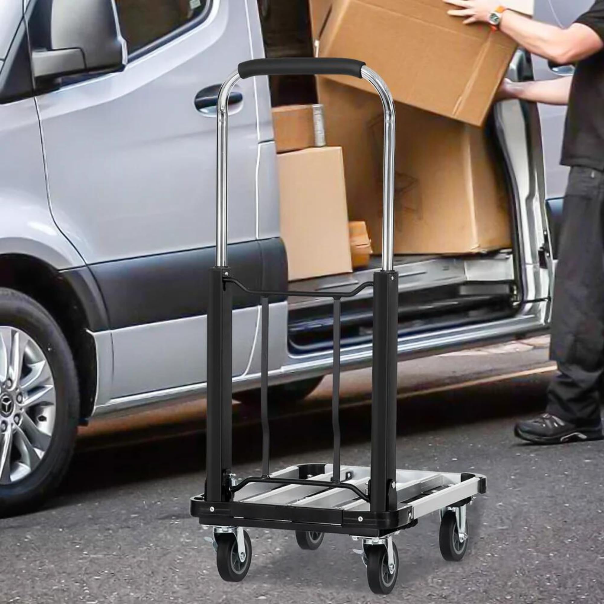 Carrello Manuale in Alluminio, Carrello a Mano Pieghevole Allungabile con 4 Ruote Antiscivolo, Carrello a Pianale con Portata 150 kg, Carrello di Trasporto in Magazzini, Giardino, Casa, Traslochi