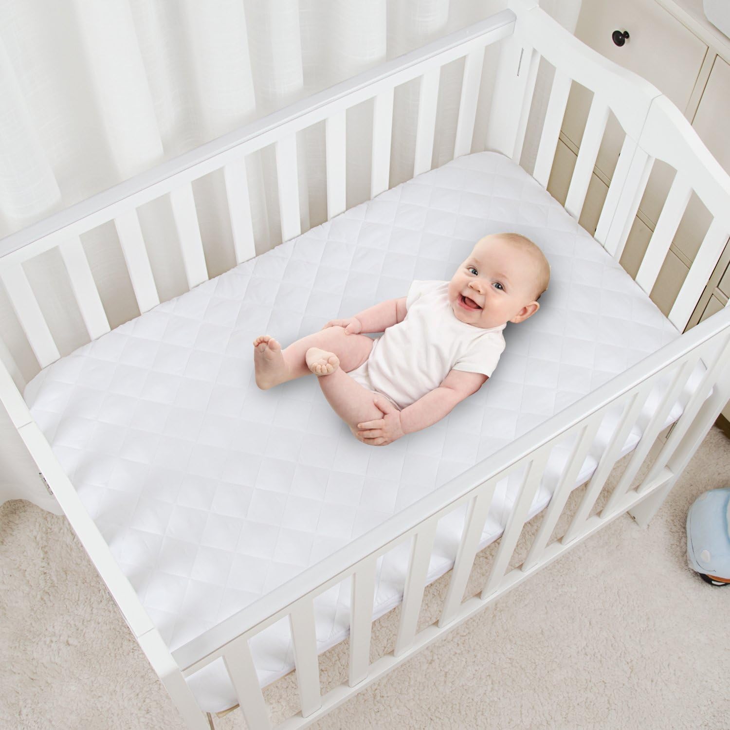 TILLYOU Over-Filled Waterproof Pack N Play Mattress Cover Protector, 39”x27” Quilted Quiet Mattress Pad for Portable Mini Cribs, Washable Playard Bedding Fitted Sheet, Pure White