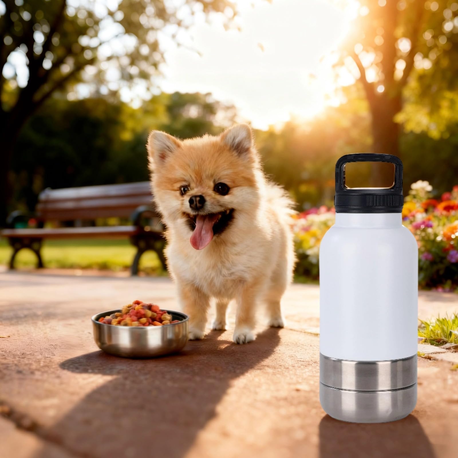 Edelstahl Hunde Trinkflasche mit Futter und Wasserschalen, tragbarer Haustier Reise-Dispenser für Spaziergänge im Freien, 32 oz 946 ml, 3 in 1, Weiß
