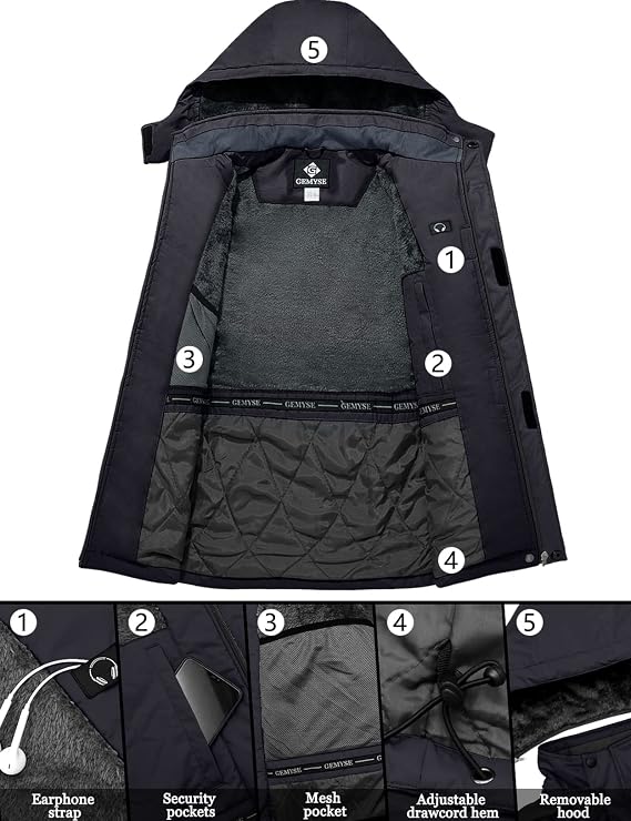 GEMYSE Men's Mountain Waterproof Ski Snow Jacket Winter Windproof Rain Jacket (Black,Large+Graphite Grey,Medium)