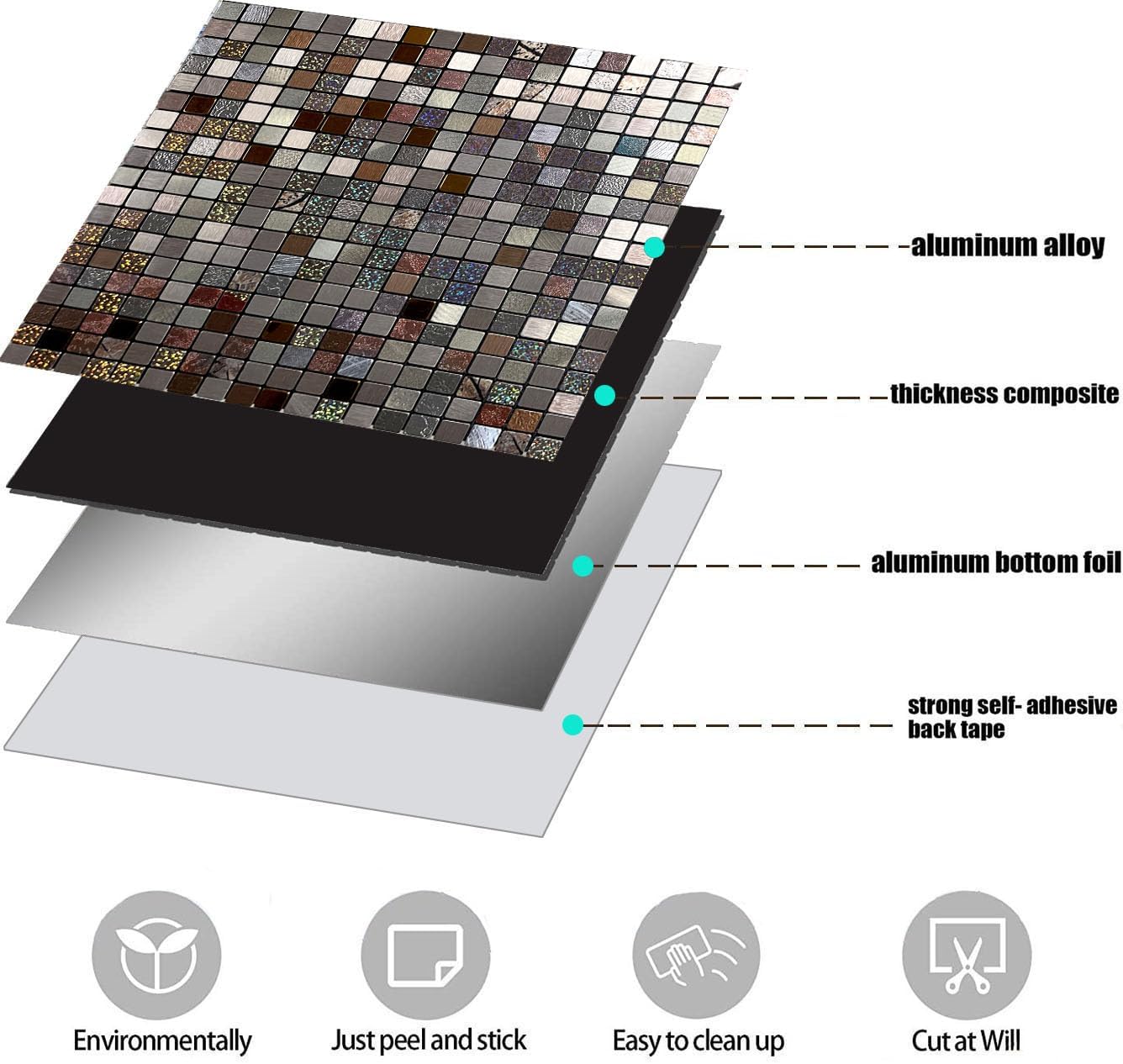 Peel and Stick Metal Backsplash Tile Stick on Kitchen 3D Wall Decor Aluminum Mosaic Tiles for Bathroom, 12"x12"x0.15" (10, Bronze+Dazzling)