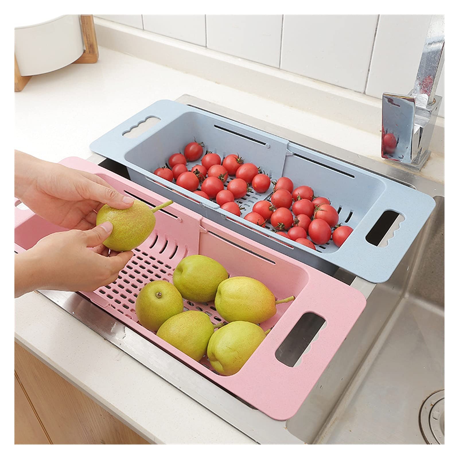 Colador Drenaje Cesta de Vegetales Colapsibles Colador Frutas y Verduras Cesta de Drenaje Stradero Ajustable sobre el Fregadero para la Cocina Coladores de Alimentos (Color : Blue)