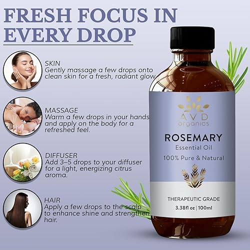 Miniatura 6 de Aceite de romero para el crecimiento del cabello, aceite esencial de romero 100% puro y natural, para loción, difusor de piel y cabello, 3.38 onzas