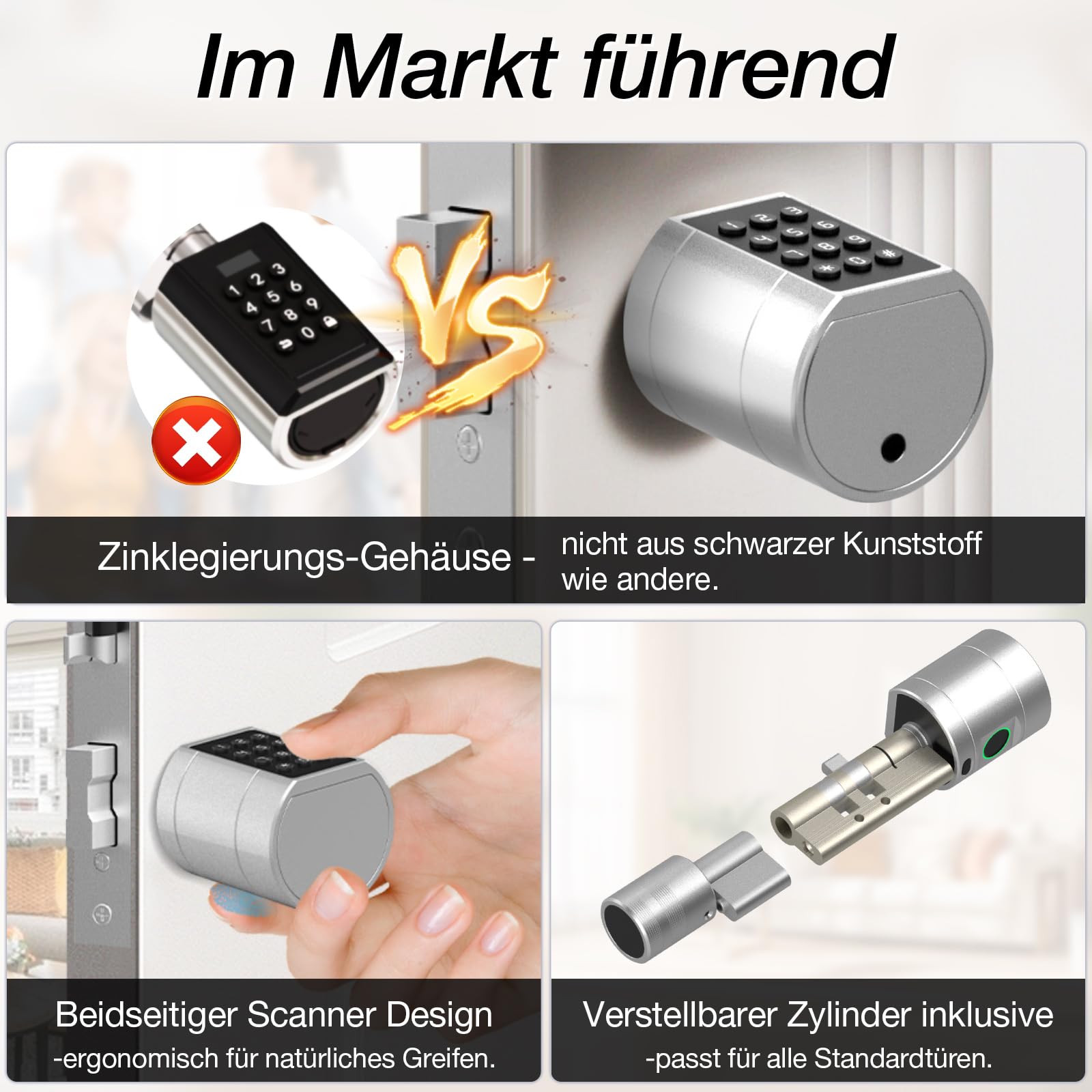 Anweller Serrure de porte électronique avec empreinte digitale - Code Smart Lock - Cylindre de serrure 70 mm avec 2 clés, 2 cartes IC, pour portes de 35 à 70 mm