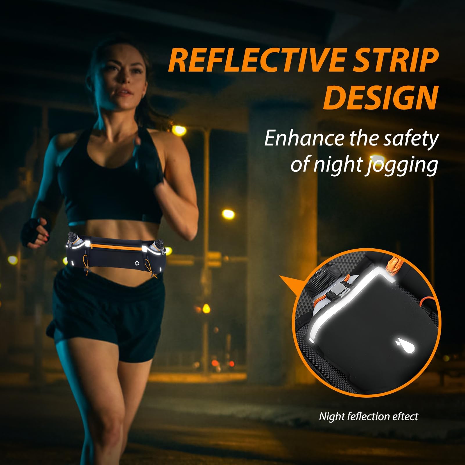 Laufgürtel mit Wasserflaschen(2 x 180 ml) mit Reflektierenden Streifen Verstellbare Trink-Hüfttasche wasserdichte Sport-Hüfttasche für Marathon Wandern Radfahren(Schwarz+Orange)