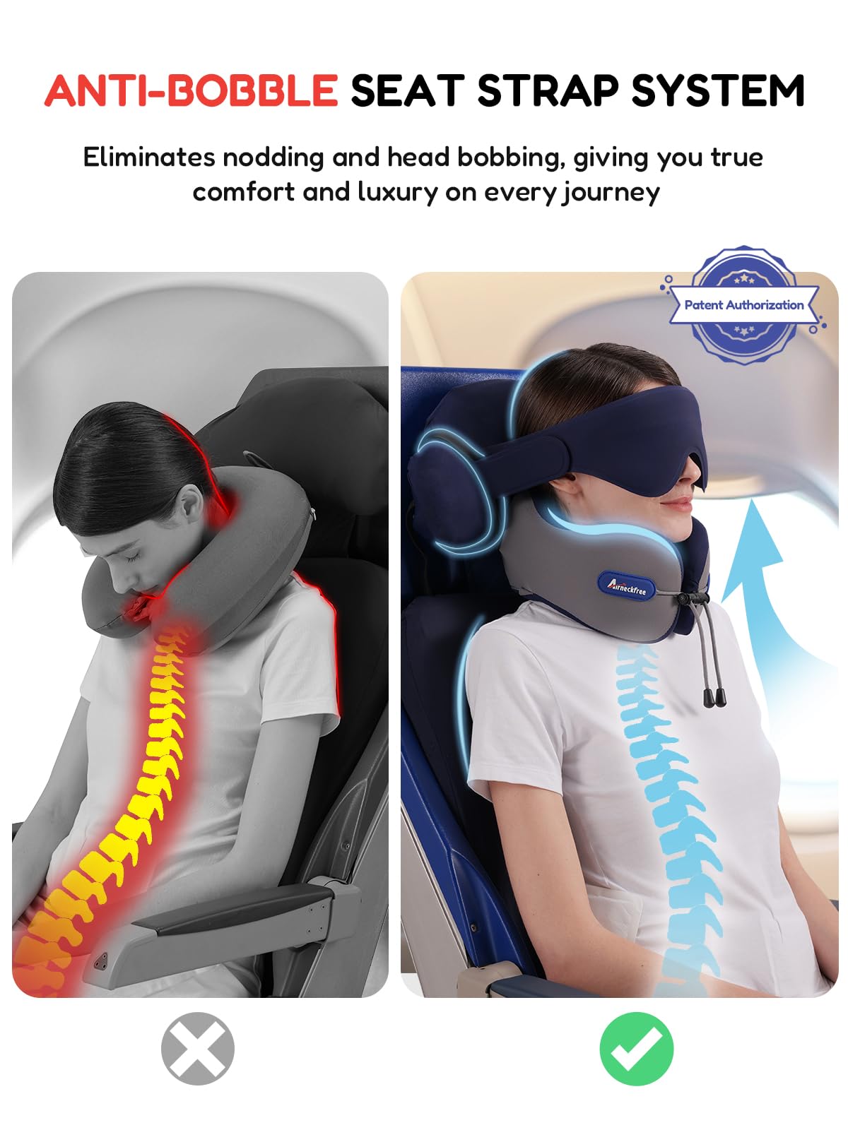 Cuscino da Viaggio per Aereo con Maschera 3D Travel Pillow | Con Cinturino per Sedile, Supporto per Testa e Collo, Schiuma Memory Confortevole per Aereo, Auto e Treno, Grigio