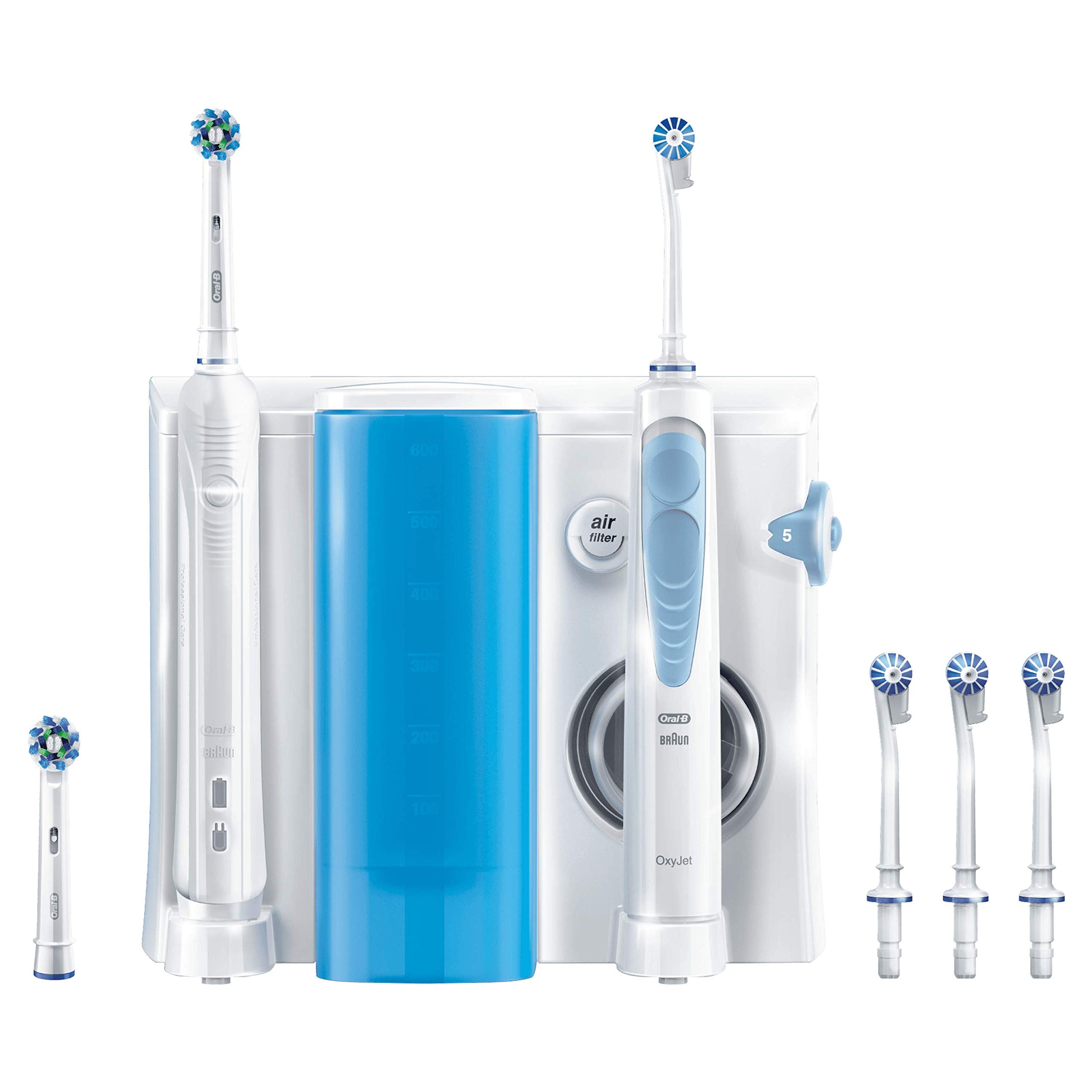 Oral-B Pro 900 + system czyszczenia Oxyjet w zestawie, elektryczna szczoteczka do zębów, do ponownego ładowania, 1 system czyszczenia Oxyjet, 1 elektryczna szczoteczka do zębów, 4 dysze zapasowe Oxyjet, 2 końcówki do szczoteczki