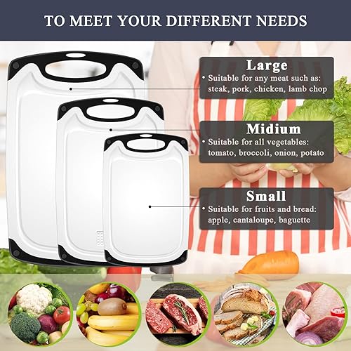 Miniatura 5 de Tabla de cortar de plástico, 3 tablas de cortar aptas para lavavajillas con ranuras para jugo, mango de fácil agarre, antideslizante, con área de