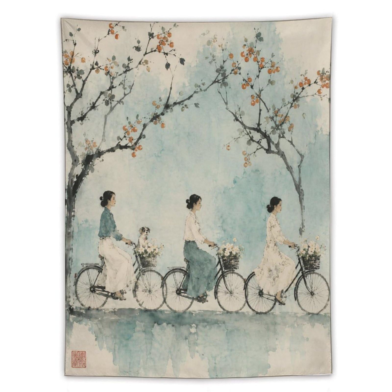 W7C8U2X3 Cyclists under Blossoms Wall Tapestry, Asian Ink, Asian Art