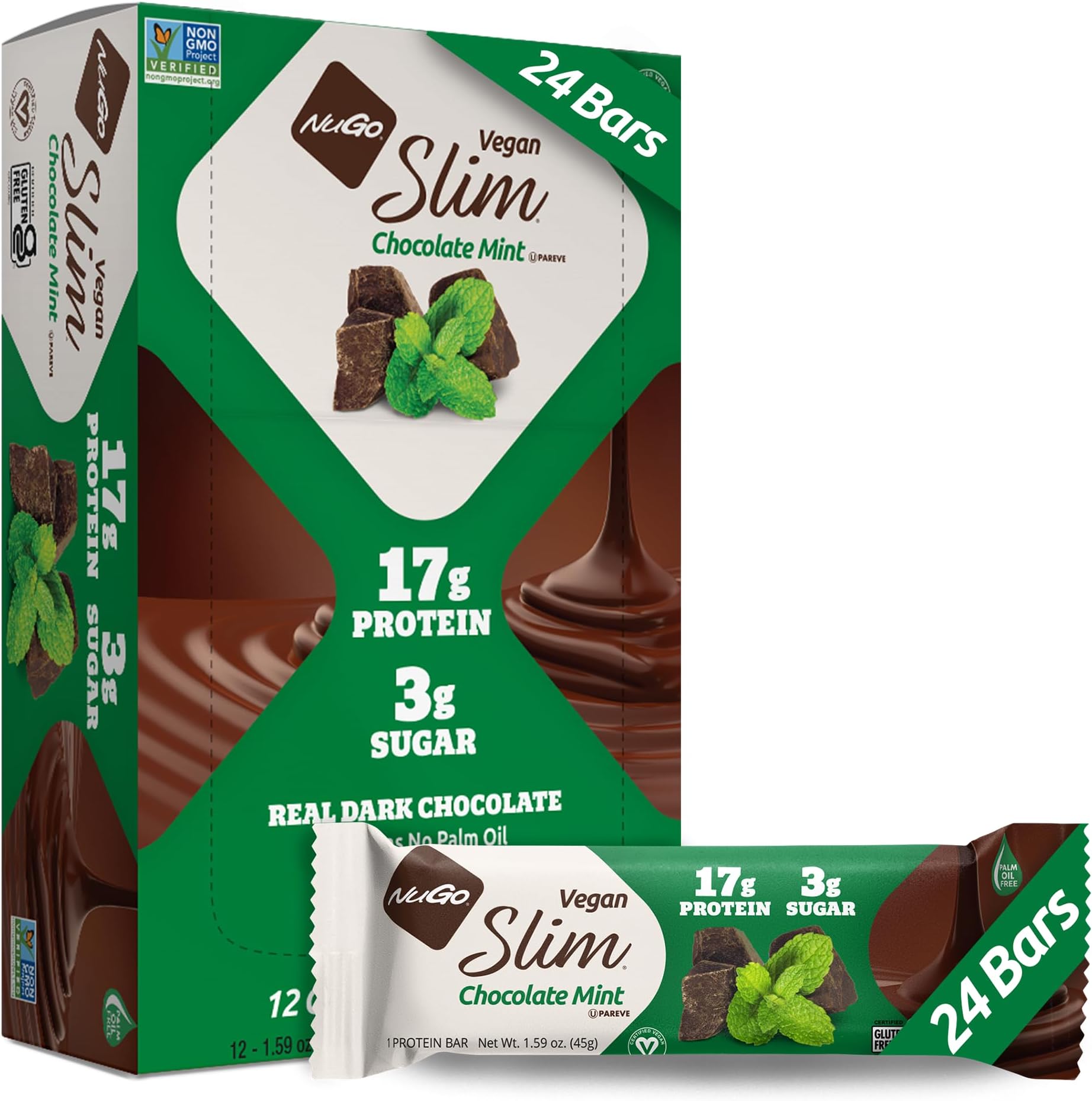 Slim Dark Chocolate Mint, 18g Vegan Protein, 3g Sugar, 6g Fiber, Low Net Carb, Keto Friendly, Gluten Free, 24 Count