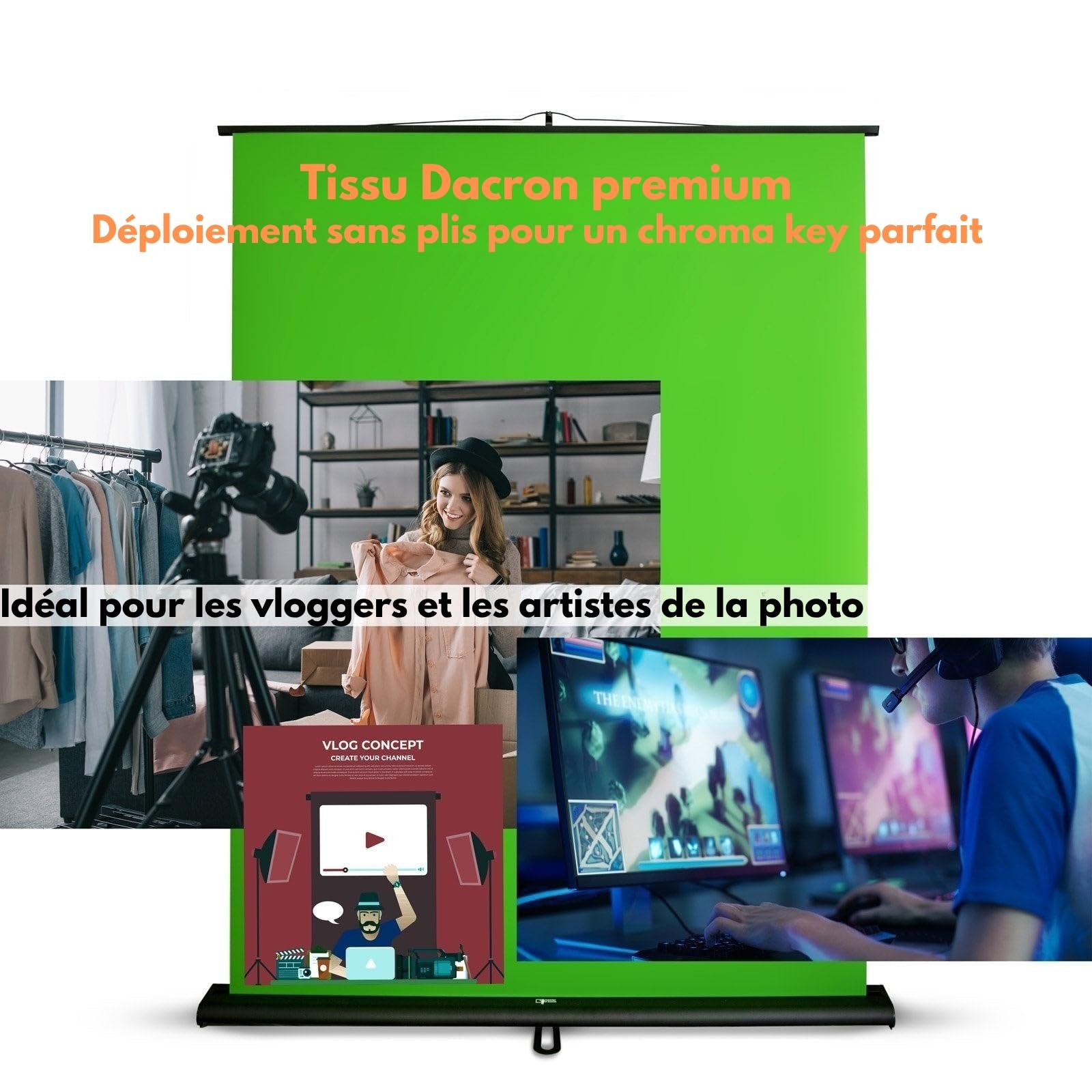 Greenscreen Fond Photo Extensible enroutable avec écran Vert et Support | Écran Chroma Key pour Diffusion de Contenu Photographie Vidéo Film | Suppression de l'arrière-Plan du Studio 150x200 cm