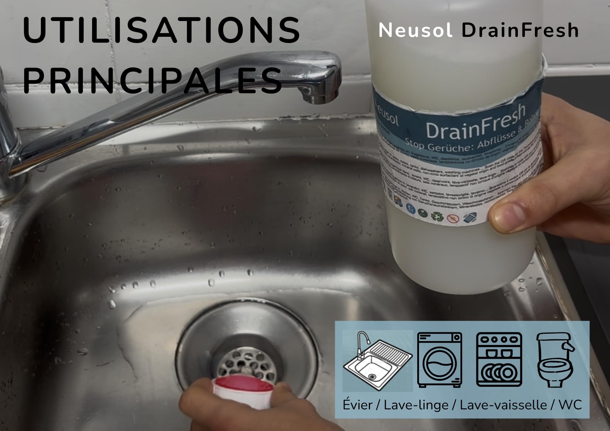 DrainFresh – Neutralisant d'odeurs canalisations et réservoirs – 1 L | Action immédiate, formule naturelle, usage domestique et professionnel – Maison, hôtel, camping-car