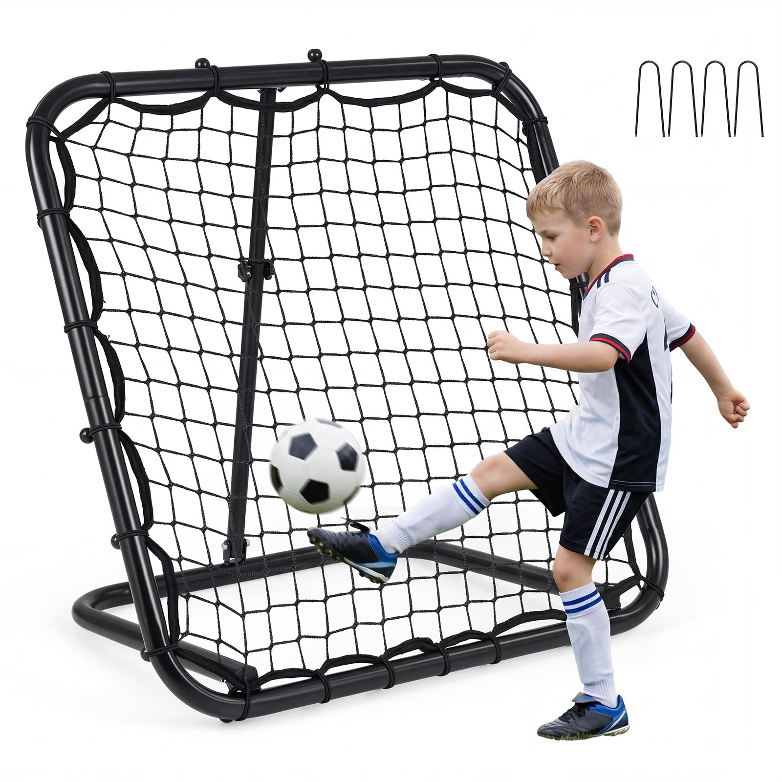 GYMAX Foldable Soccer Rebound Net, 4-Position Adjustable Bounce Back Volleyball Trainer with Metal Frame & Ground Stakes, Portable Football Training Equipment for Passing & Shooting Practice