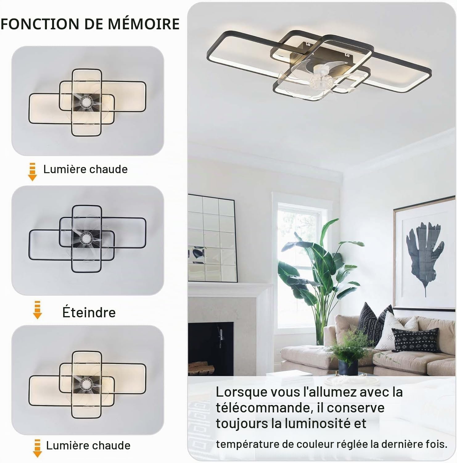 Ventilateur Plafond Moderne LED Dimmable Lustre Ventilateur Silencieux 6 Vitesses Télécommande Réversible 102cm Noir pour Salon Chambre