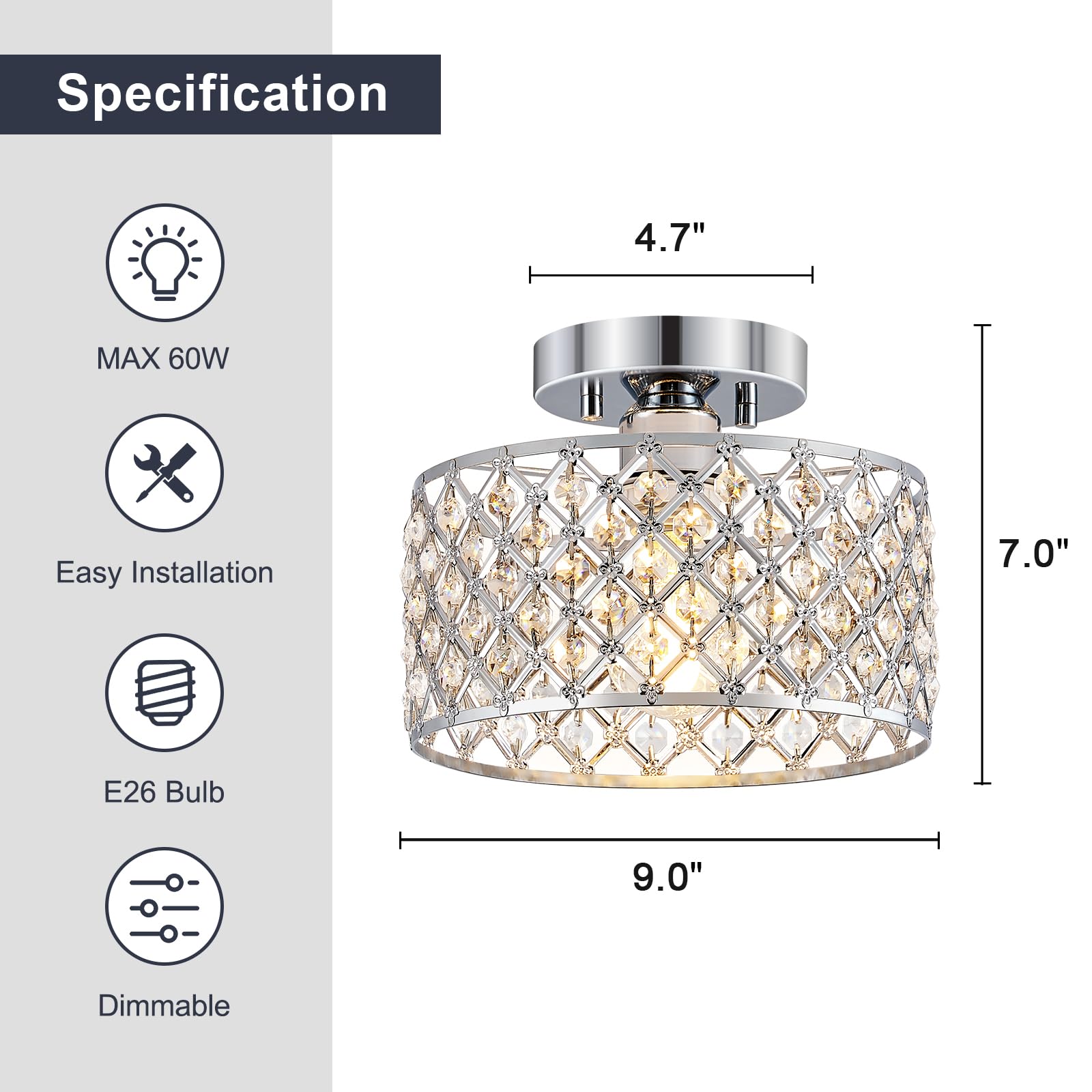 Plafonnier en cristal chromé, plafonnier moderne semi-encastré, petit lustre rond pour couloir, entrée, buanderie, cuisine, chambre, foyer, salle de bain, 1 lumière, 22,9 cm