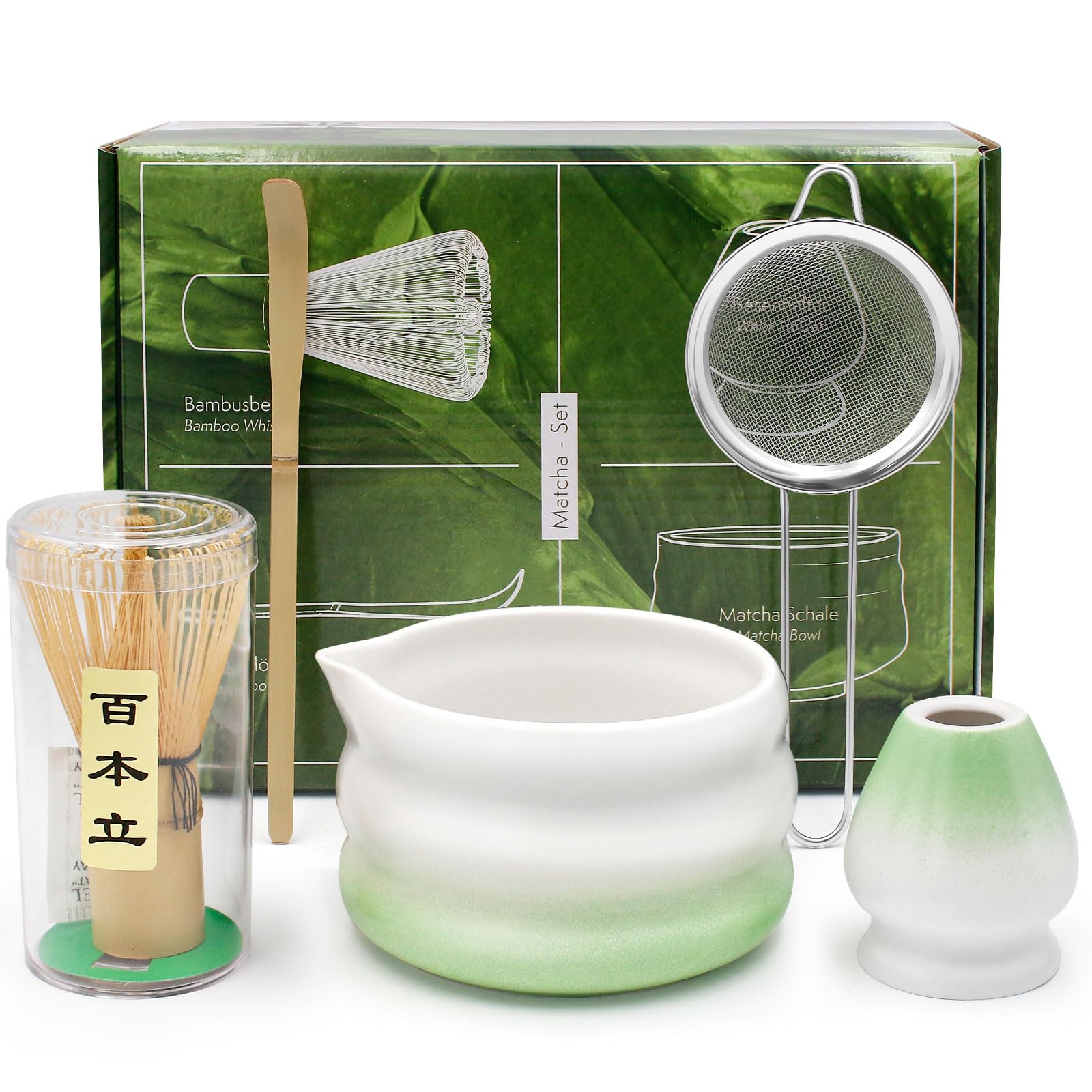 Kit Matcha Complet, 5 Pièces : Bol Matcha 550 ml, Fouet Matcha Bambou, Tamis, Support Matcha Fouet et Cuillère Matcha, Premium pour Maison, Bureau et Cadeaux