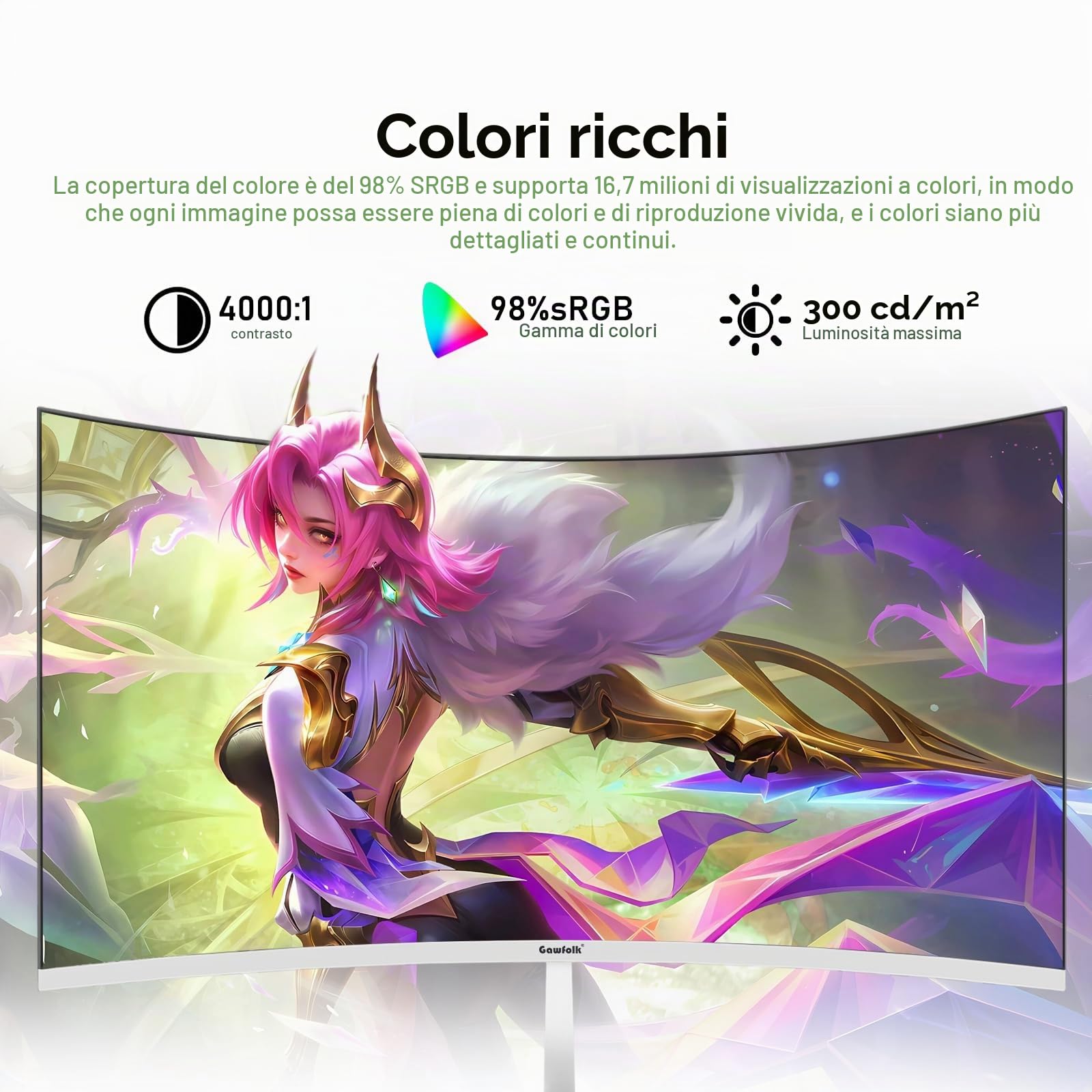 Gawfolk Monitor per PC da 27 pollici, curvo 280 Hz, 1800 R,1 m, FHD 1080p, 178 °, grandangolo, ultra sottile, HDMI、DisplayPort, compatibile con montaggio a parete 100 x 100 mm, bianco