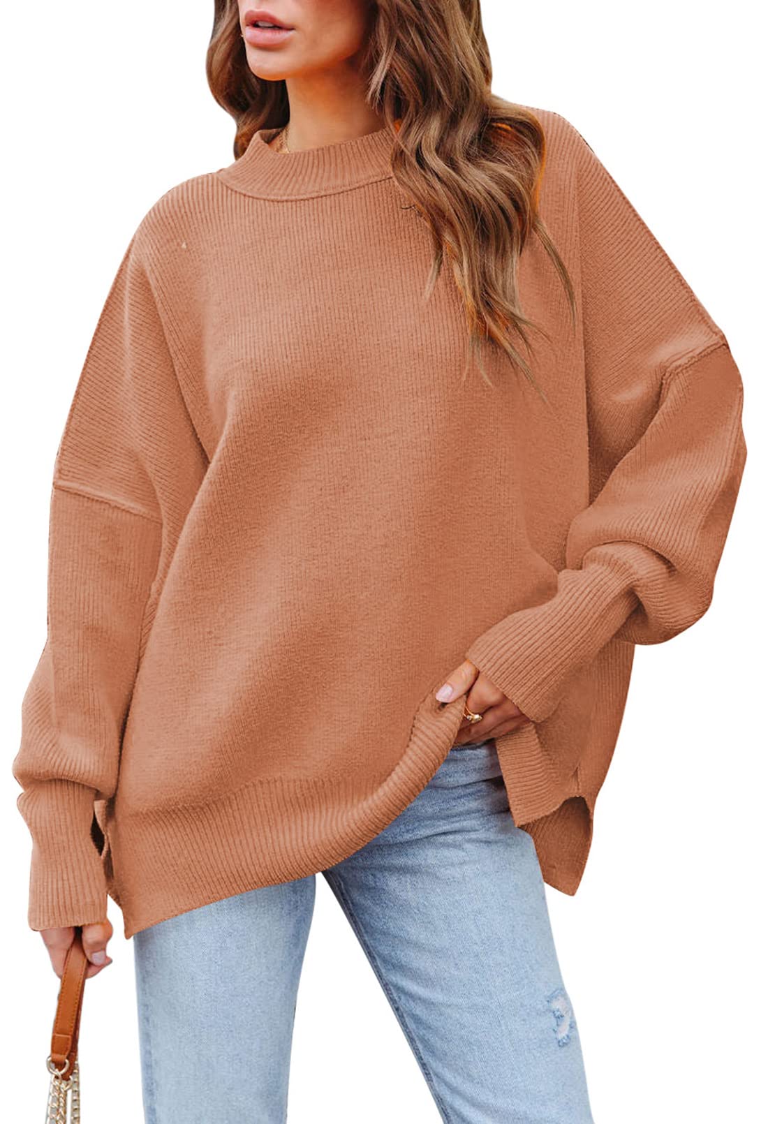 HAPCOPE Women's Balloon Sleeve Mock Neck Knit Jumper Oversized Pullover Sweaters Tunic Tops, Coffee, Small