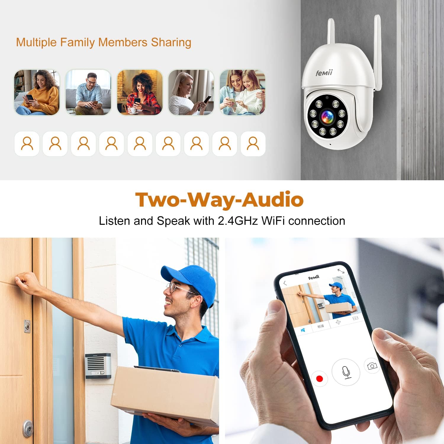 Person speaking into a smartphone to communicate with a delivery person via the Femii 2K Outdoor Security Camera