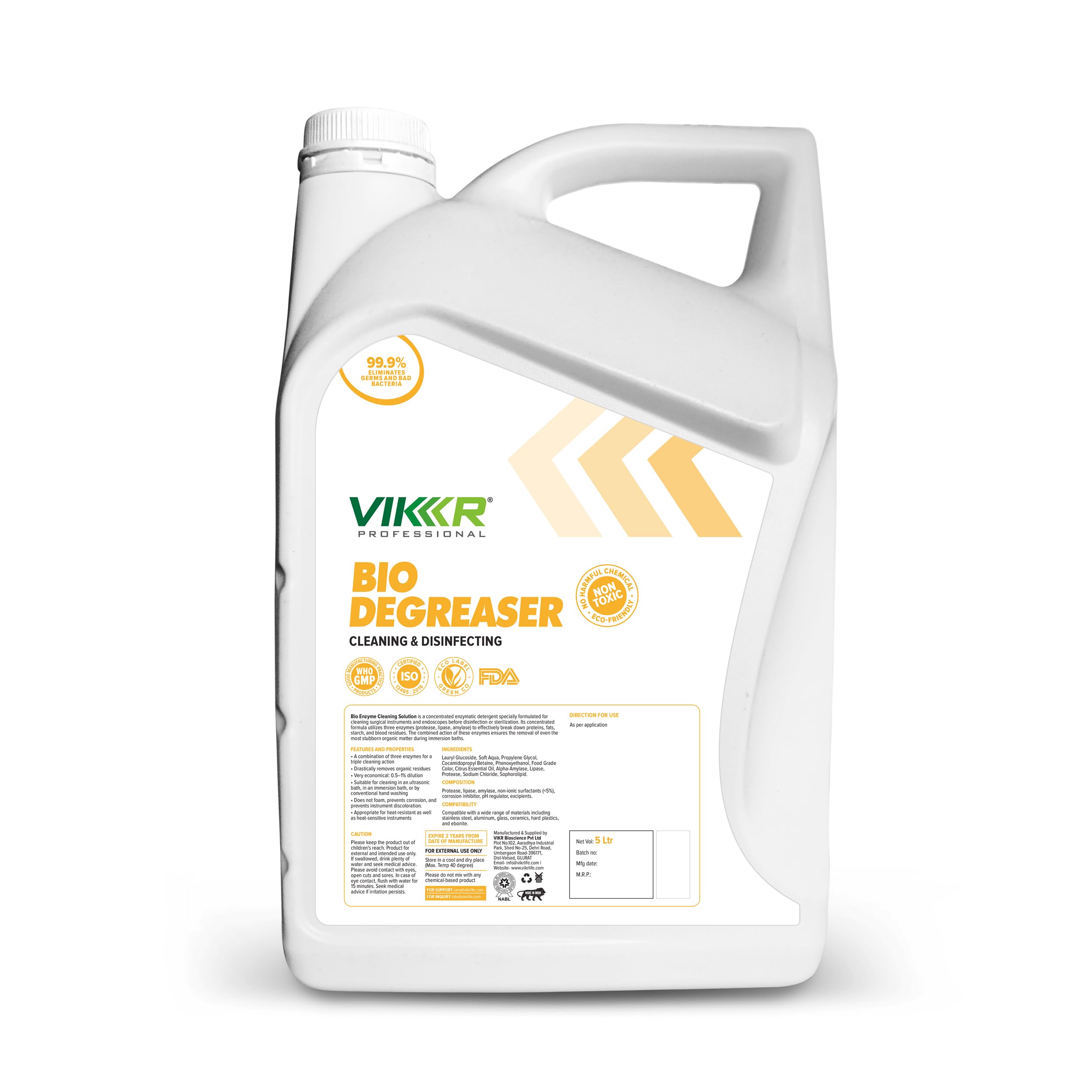 VIKR Premium Bio Enzyme Cleaning Solution for Surgical Instruments & Endoscopes 5000ml - Effective Triple Enzyme Formula - Removes Stubborn Organic Residues - Safe & Economical