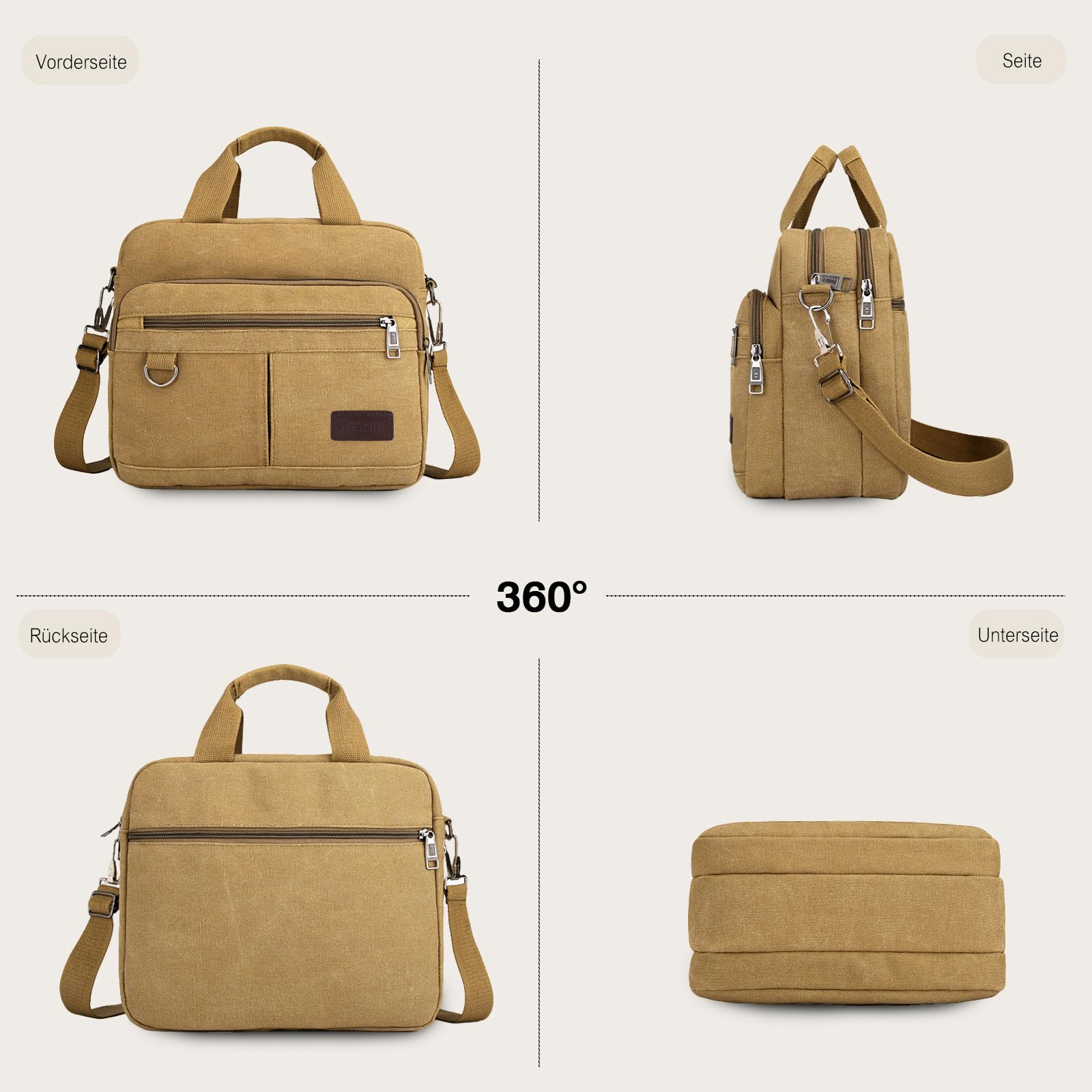FANDARE Retro Aktentasche Herren Canvas Büro-Tasche Umhängetasche für 12,9-Zoll-Laptops Dokumententasche Mappe mit mehreren Fächern für Reisen Beruf Berufstätige & Geschäftsleute Messenger Bag