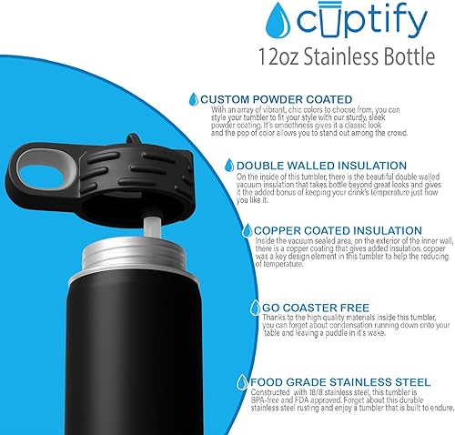 Miniatura 4 de Botella de agua para niños personalizada con nombre en botella de agua aislada con anillo negro mate de 12 onzas