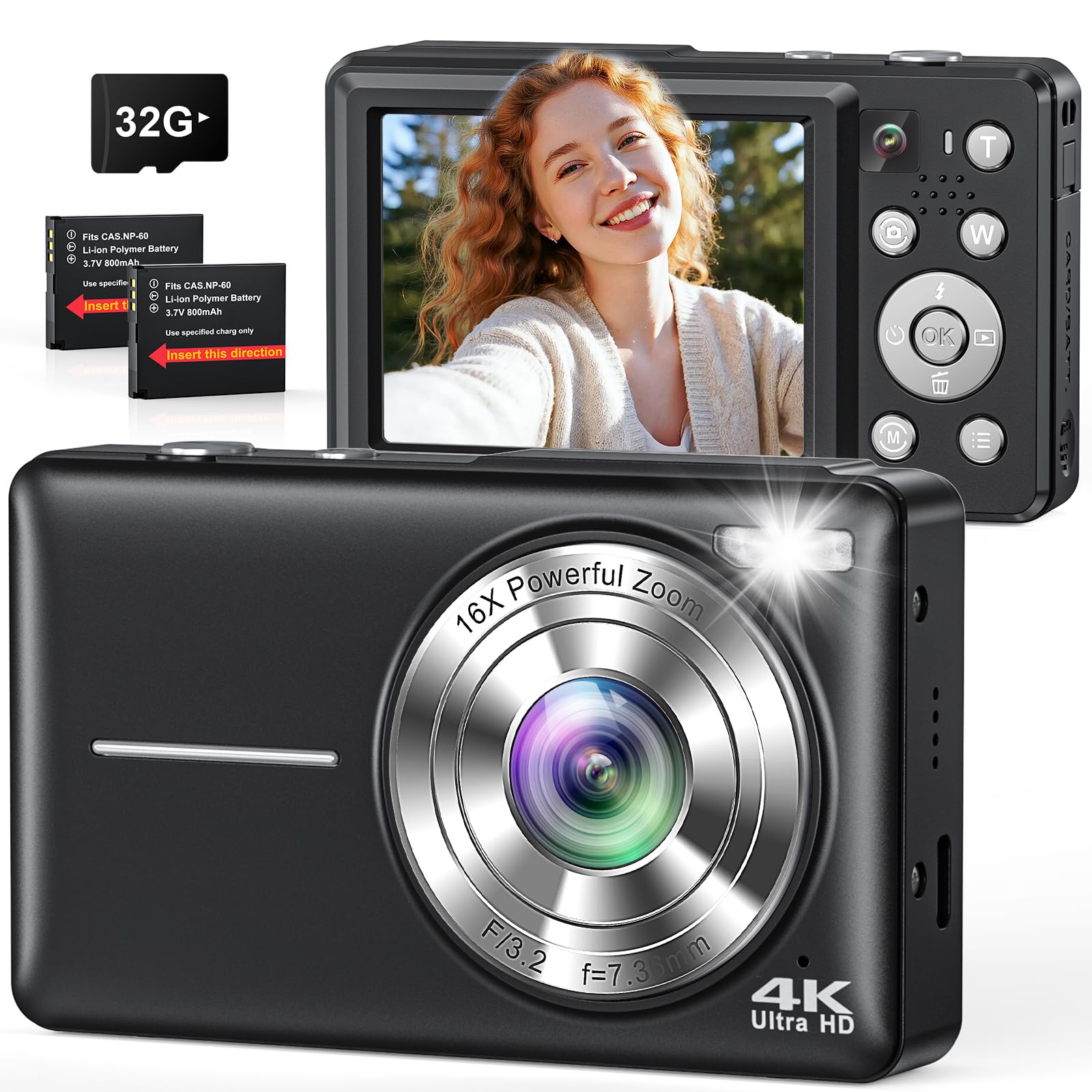 Fotocamera digitale 4K 64MP, Macchina Fotografica Digitale doppia fotocamera con autofocus, flash, zoom 16X, scheda da 32 GB, fotocamera per bambini, adolescenti, e principianti(nero)