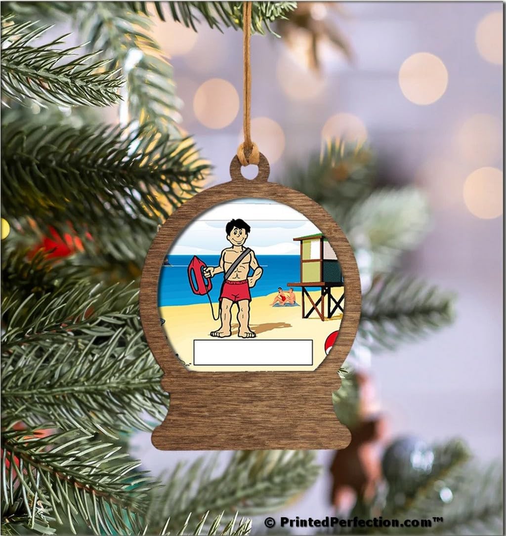 PrintedPerfection.com Personalized Lifeguard - Male Wooden Snow Globe Shaped Christmas Ornament
