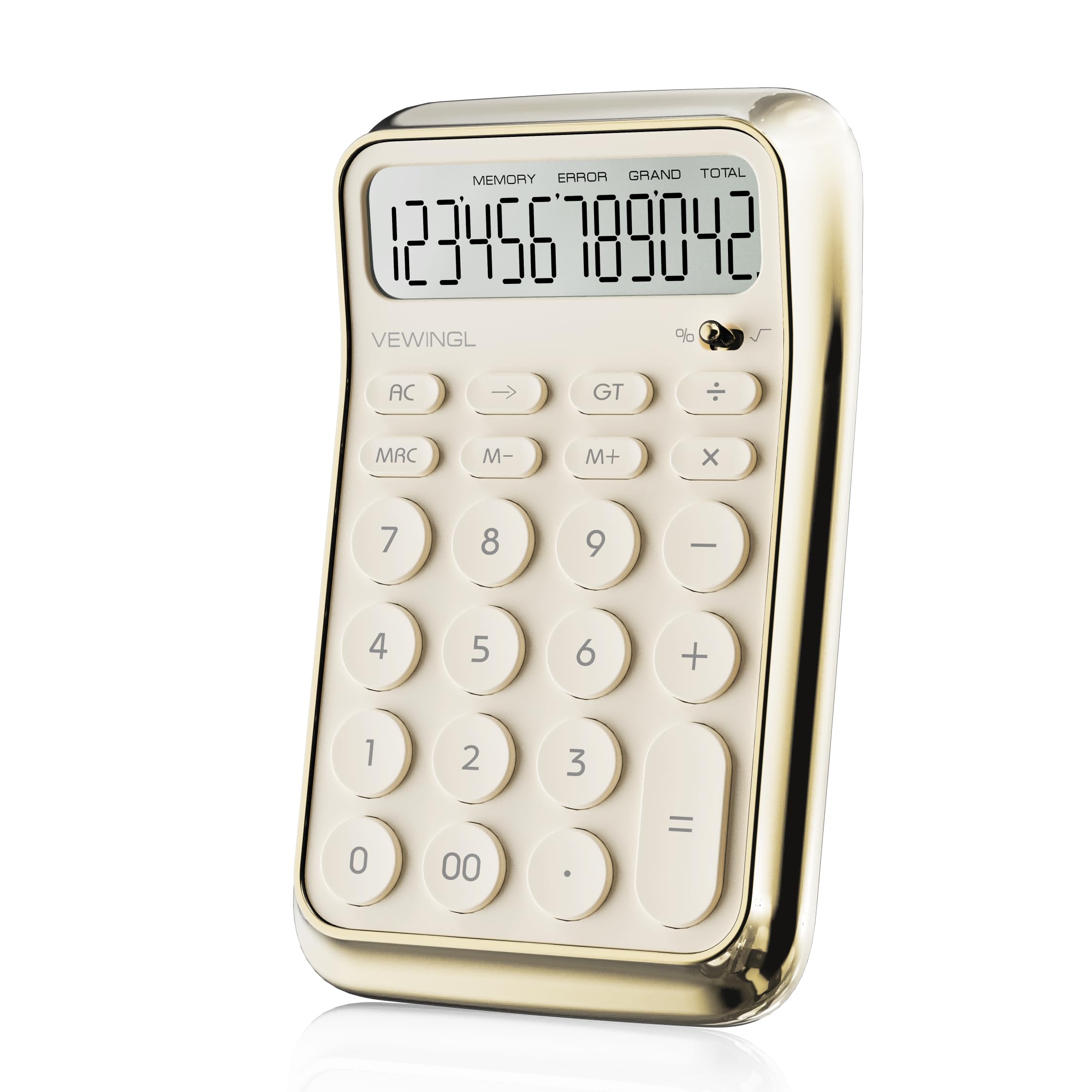 VEWINGL Calculadora de escritorio, pantalla HD de 12 dígitos con % de tecla, superficie metálica chapada al vacío, ideal para oficina, escuela u hogar (blanco galvanizado, sin voz)