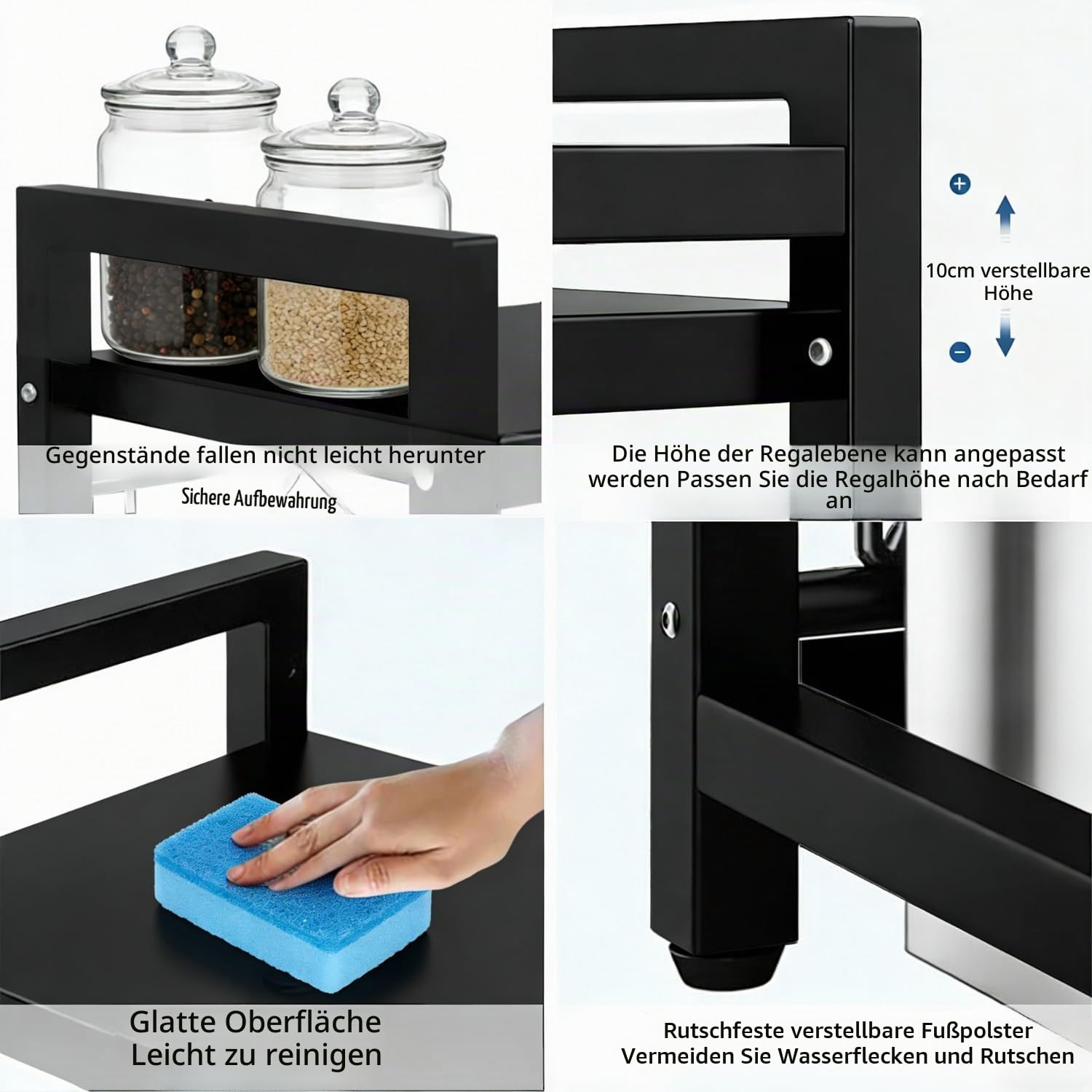 3-stufiges Mikrowellenregal mit 6 Haken,Küchenablage,Schwarz