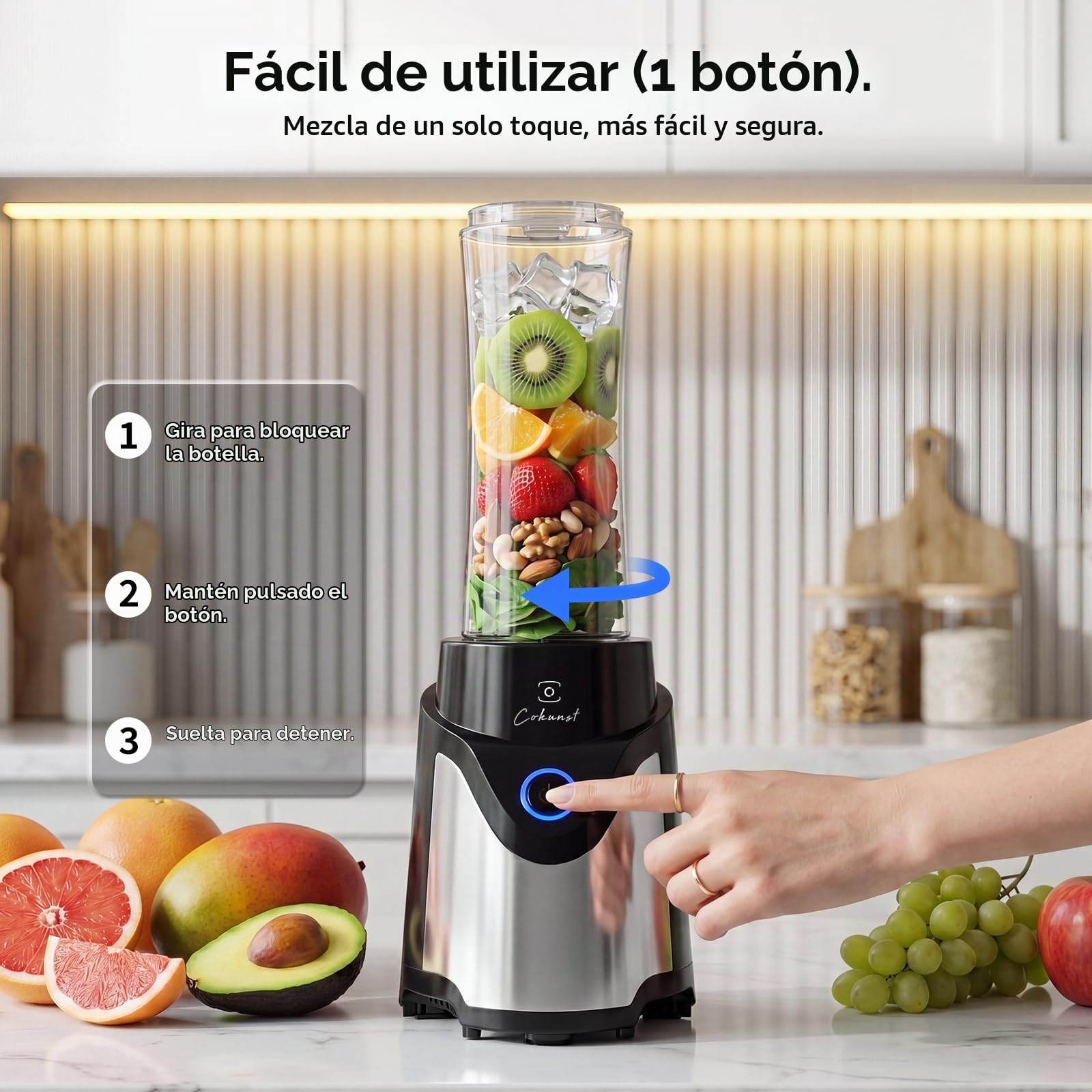 COKUNST Batidora de pie para Zumos y Batidos, Licuadoras Eléctrica, 2 tazas | 900W de Potencia, 570ml de Capacidad, con Contenedor de Café en Grano, Libre de BPA, Tapa Antigoteo, Base Antideslizante