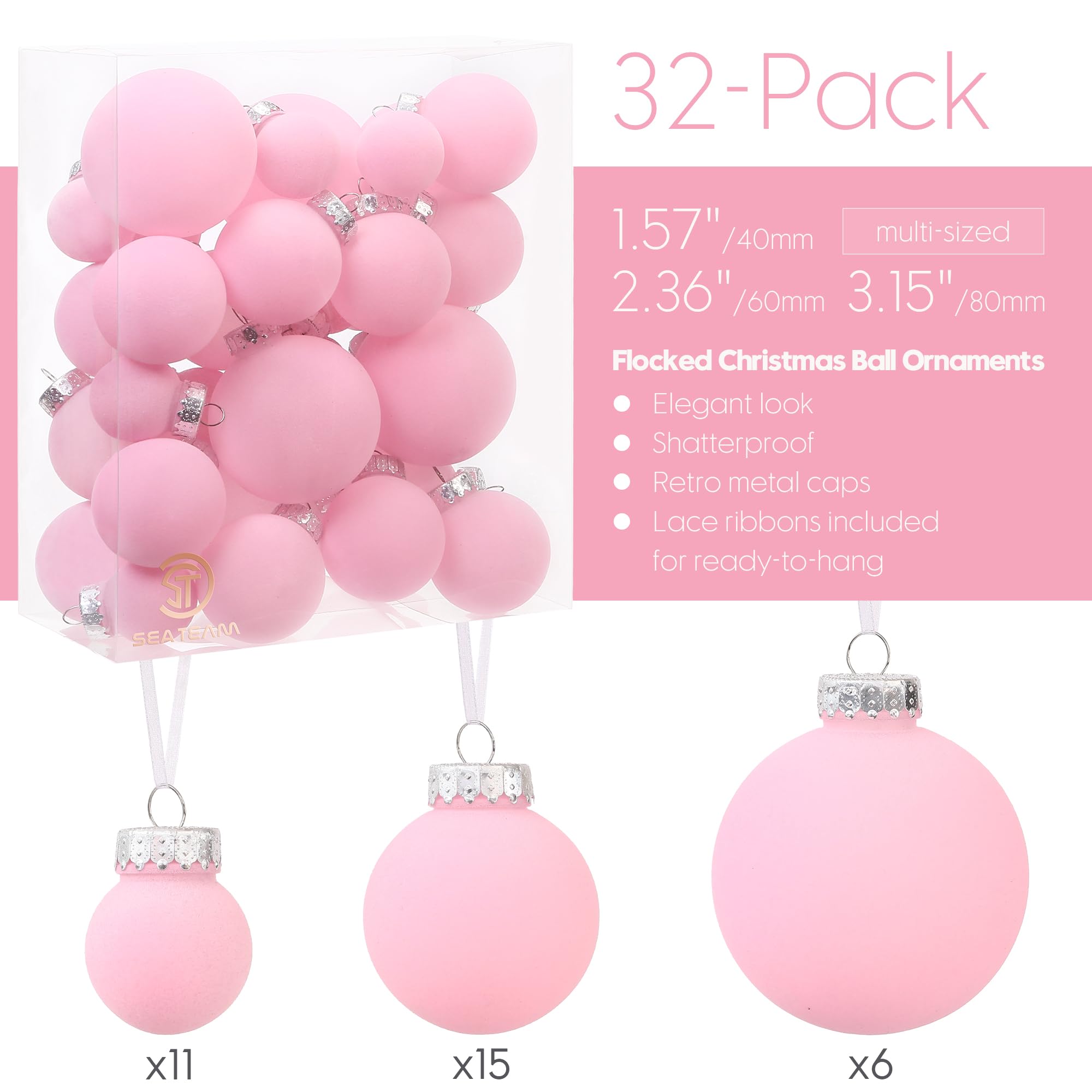 Sea Team 32 Boules Noël Velours incassables multitaille Rose | Boules en velours floqué incassable, parfaites pour sapin, couronne, guirlande. Idéales pour Noël, mariage, fête.