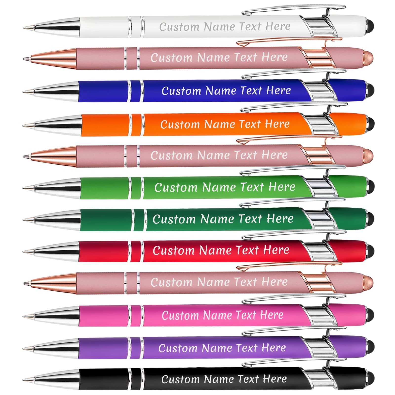 12PCS Personalised Pens Bulk with Name Free Engraving,Custom Ballpoint Pens with Stylus,Engraved Text Message Logo,Customised Gifts for Business,Graduation,Wedding,Birthday,Christmas-Black Ink — image 1