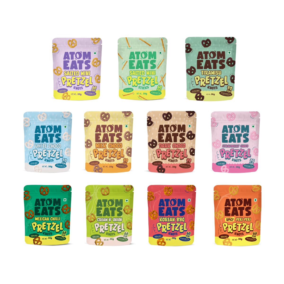 Atom Eats | Try 'Em All Combo Pack | 15 Assorted Flavours (30g each) | Choco, Spicy, Savoury, and Classic Salted Snack | Crunchy Gourmet Pretzels | Premium Combo for Snacking & Gifting | Imported Quality | 450g-image-46