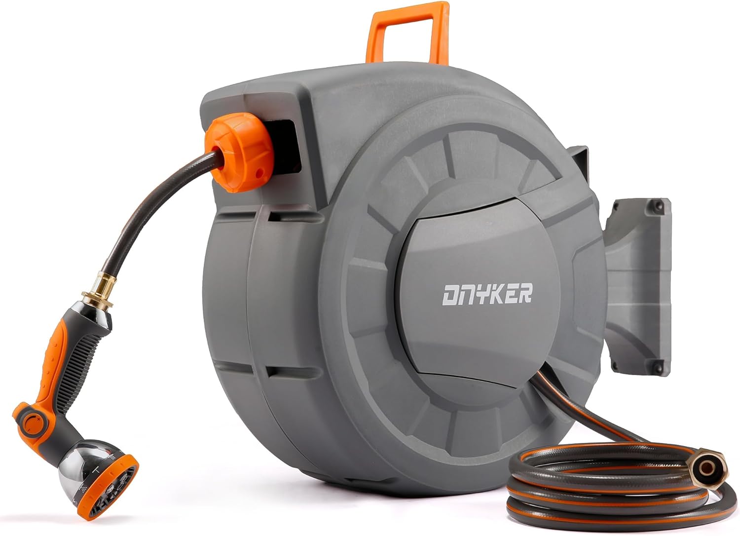 Retractable Garden Hose Reel, 1/2 inch x120 ft Water Hose Reel Wall Mounted, Any Length Lock, Slow Auto-Rewind, 180°Swivel Bracket & 10 Pattern Nozzle