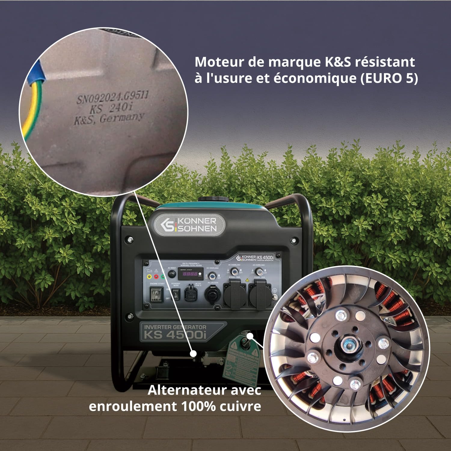 K&S Könner&Söhnen KS 4500i Groupe électrogène essence onduleur 4500 W, USB QC 3.0, Type-C, Générateur à essence avec mode éco, écran LED, 4 temps, 12 V, générateur à onduleur