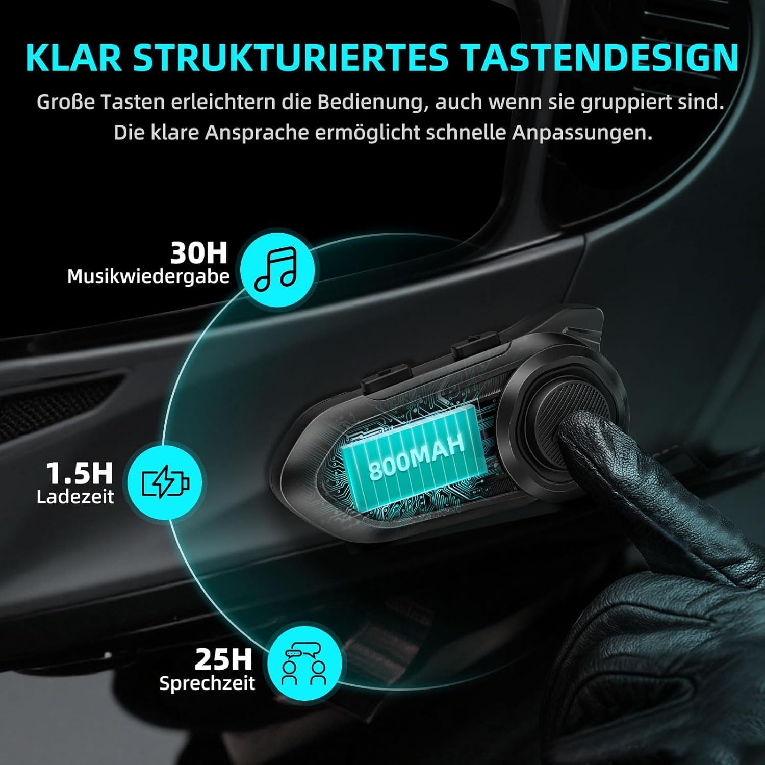 R18 Motorrad Bluetooth Headset, Kommunikationssystem für bis zu 10 Motorräder mit Reichweite von 2000m,motorradhelm mit Bluetooth，intercom Motorrad mit HiFi/Musik Teilen/FM/AI Sprache（1pc）