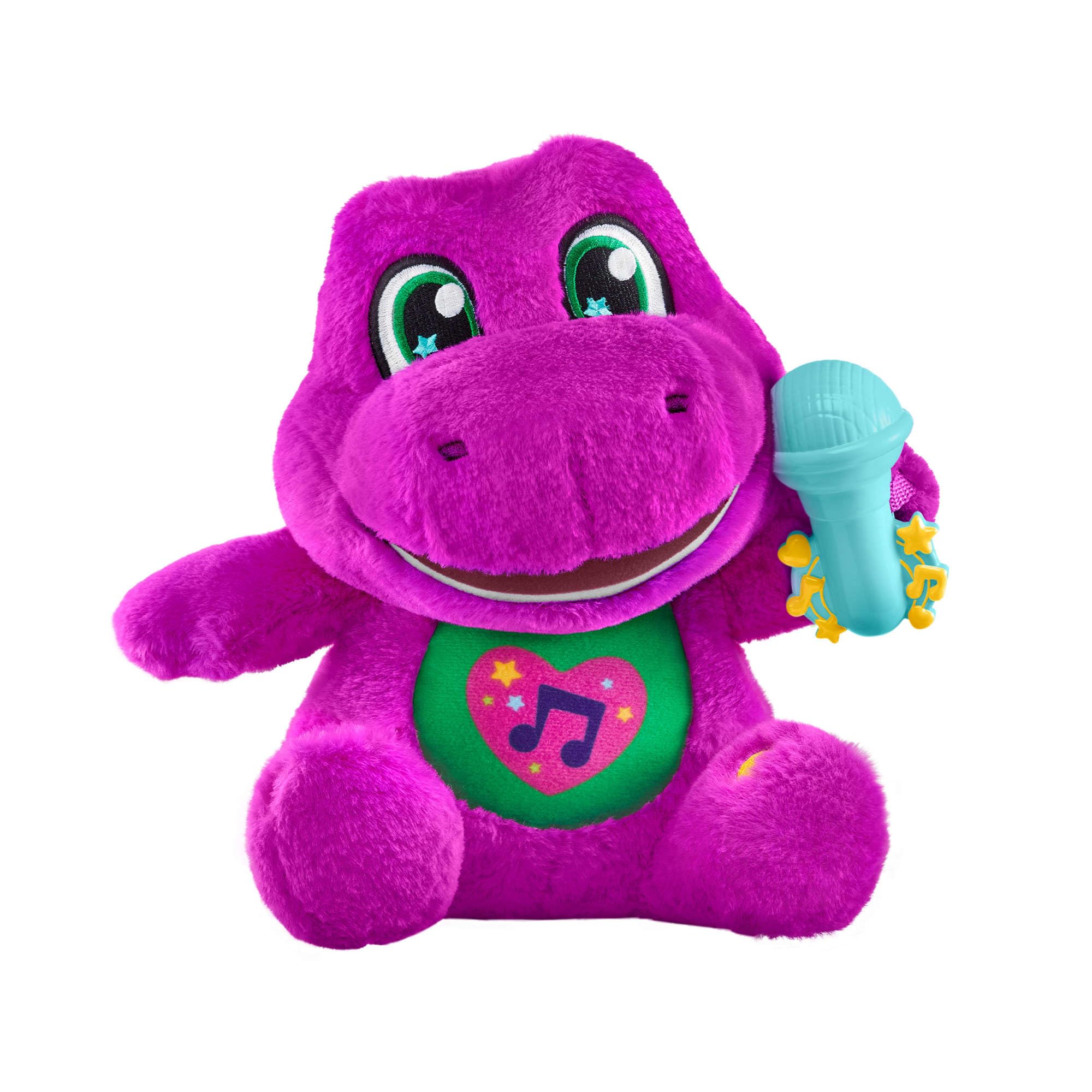 Barney World - Juguetes para niños pequeños, felpa alta, figura de 10.5 pulgadas con sonidos, textura suave para jugar, niños a partir de 2 años, versión multilingüe en inglés, francés, alemán