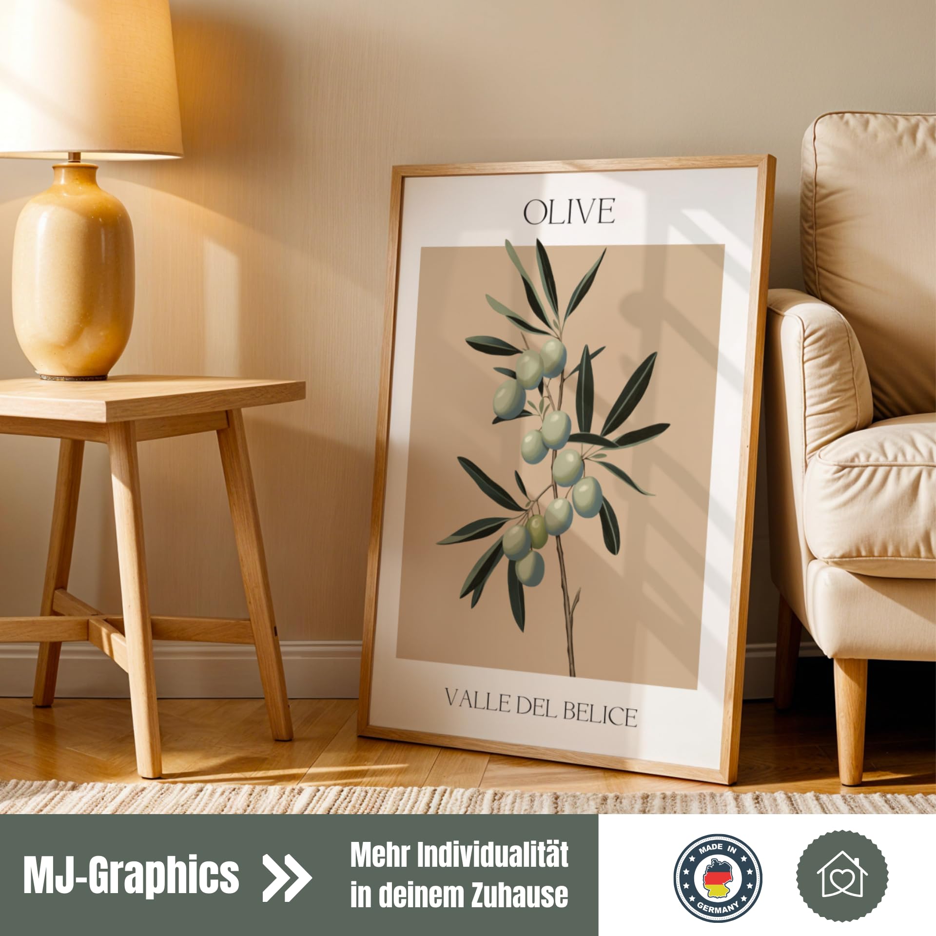 MJ-GRAPHICS® Olivenzweig Poster Natur Wandbild Deko A2 mit braunem Rahmen