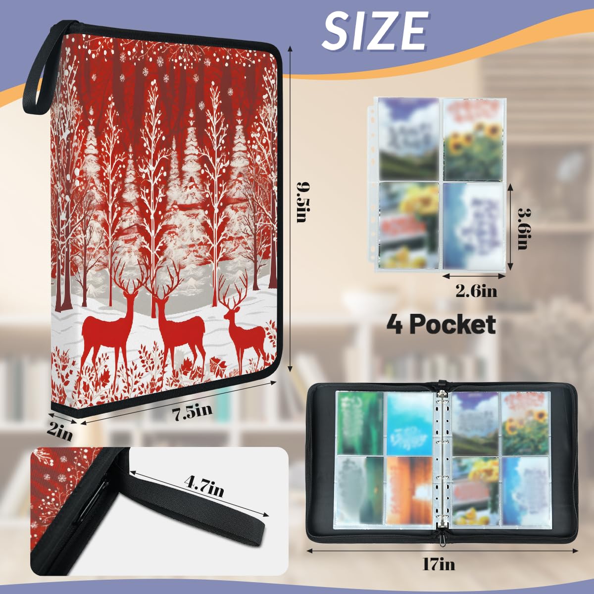 Raccoglitore per carte collezionabili con 4 tasche, motivo cervo natalizio invernale, abete, con maniche rimovibili, impermeabile, con cerniera, 50 pagine, capacità 400 carte