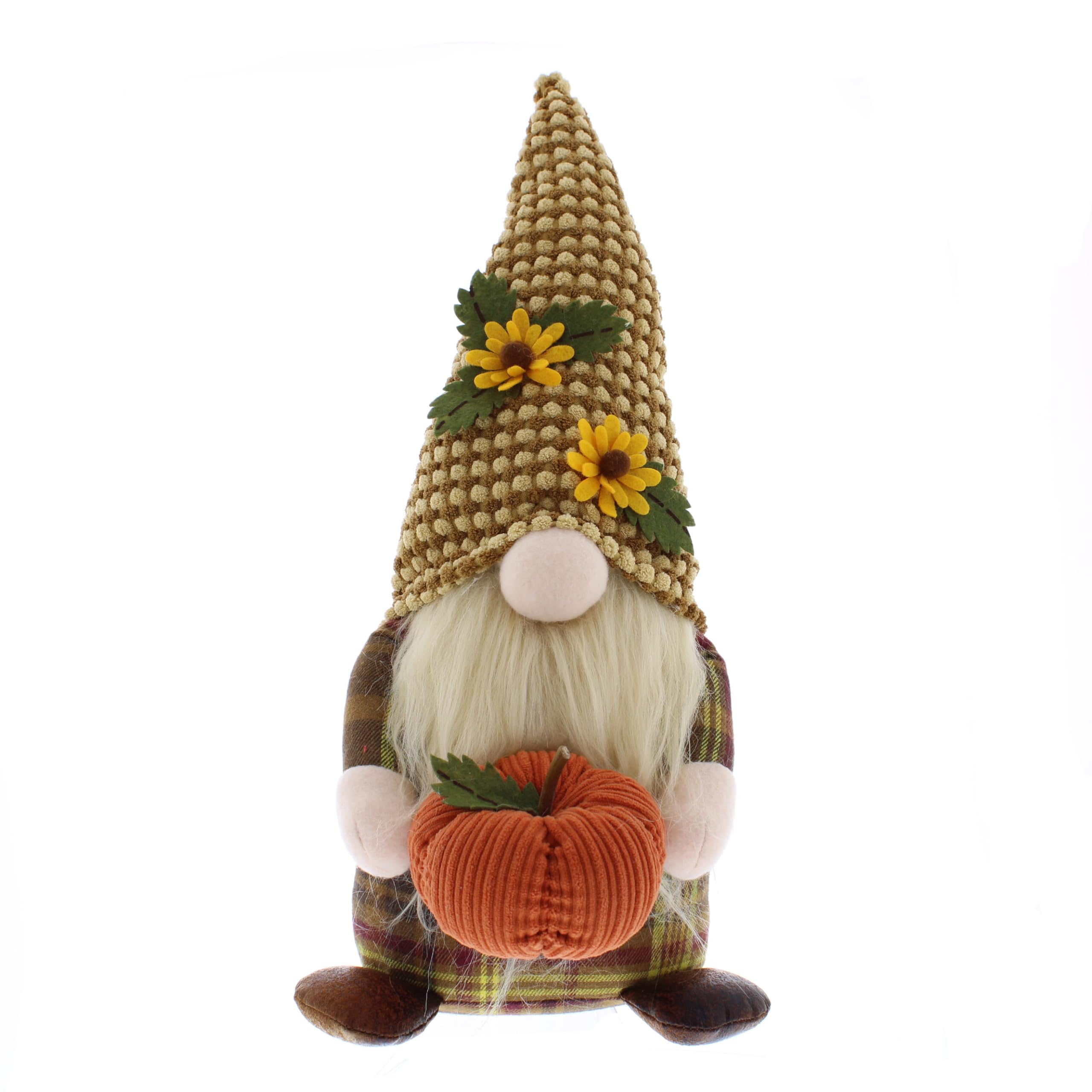 Festive Productions Orange Festive Productiions 40Cm Tabletop Harvest Sitting Gonk In Sunglower Hat Holding Pumpkin Decoration