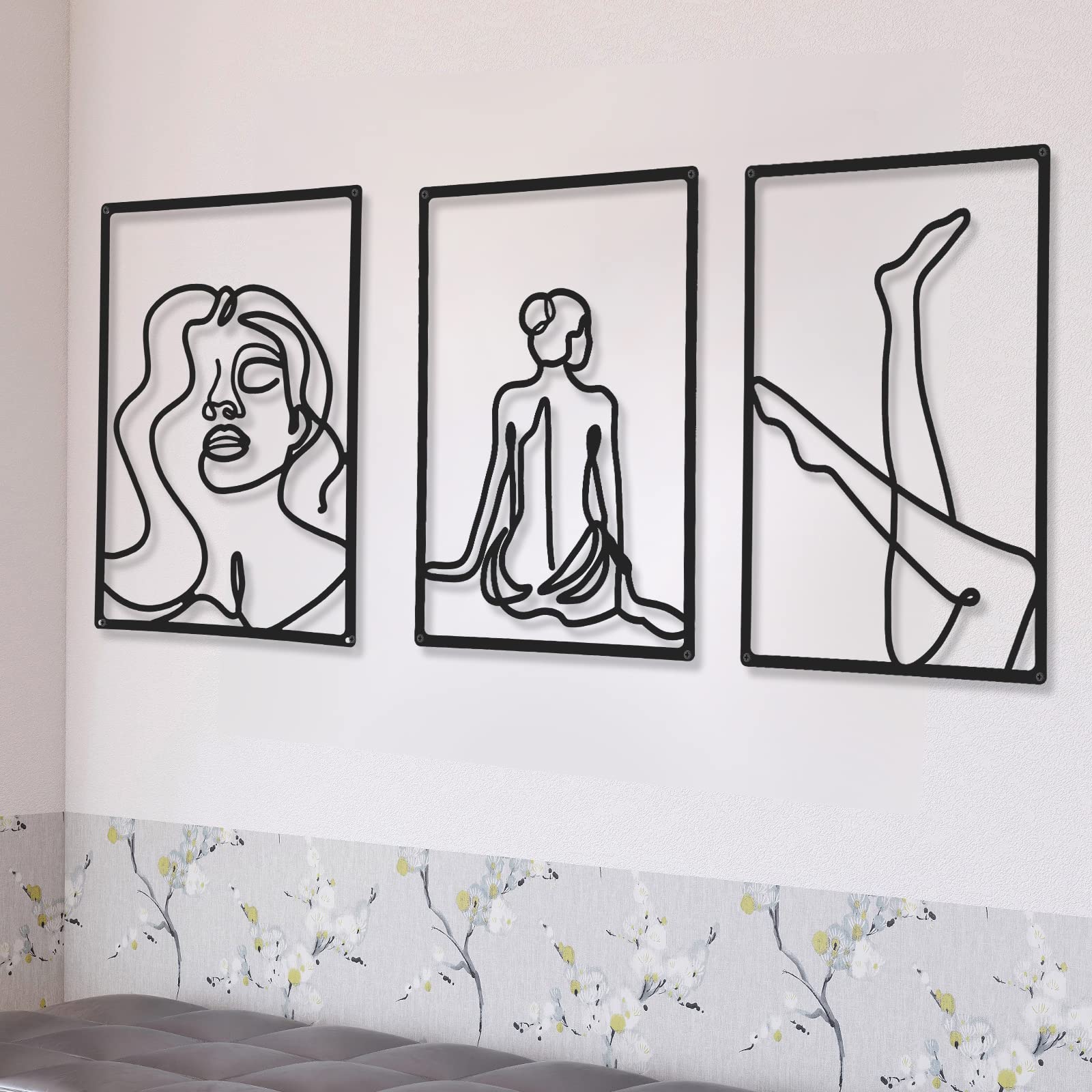 3 Pieces Metal Minimalist Abstract Woman Wall Art Line Drawing Wall Art Decor Single Line Female Home Hanging Wall Art Decor for Kitchen Bathroom Living Room (Black, Stylish Style)